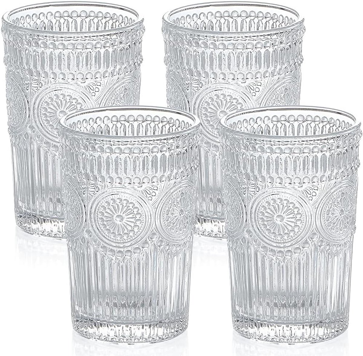 Vintage Drinkglazen Set van 4 - Romantische, Transparante en Gegraveerde Glazen voor Sap, Cocktails en Dranken, 370 ml