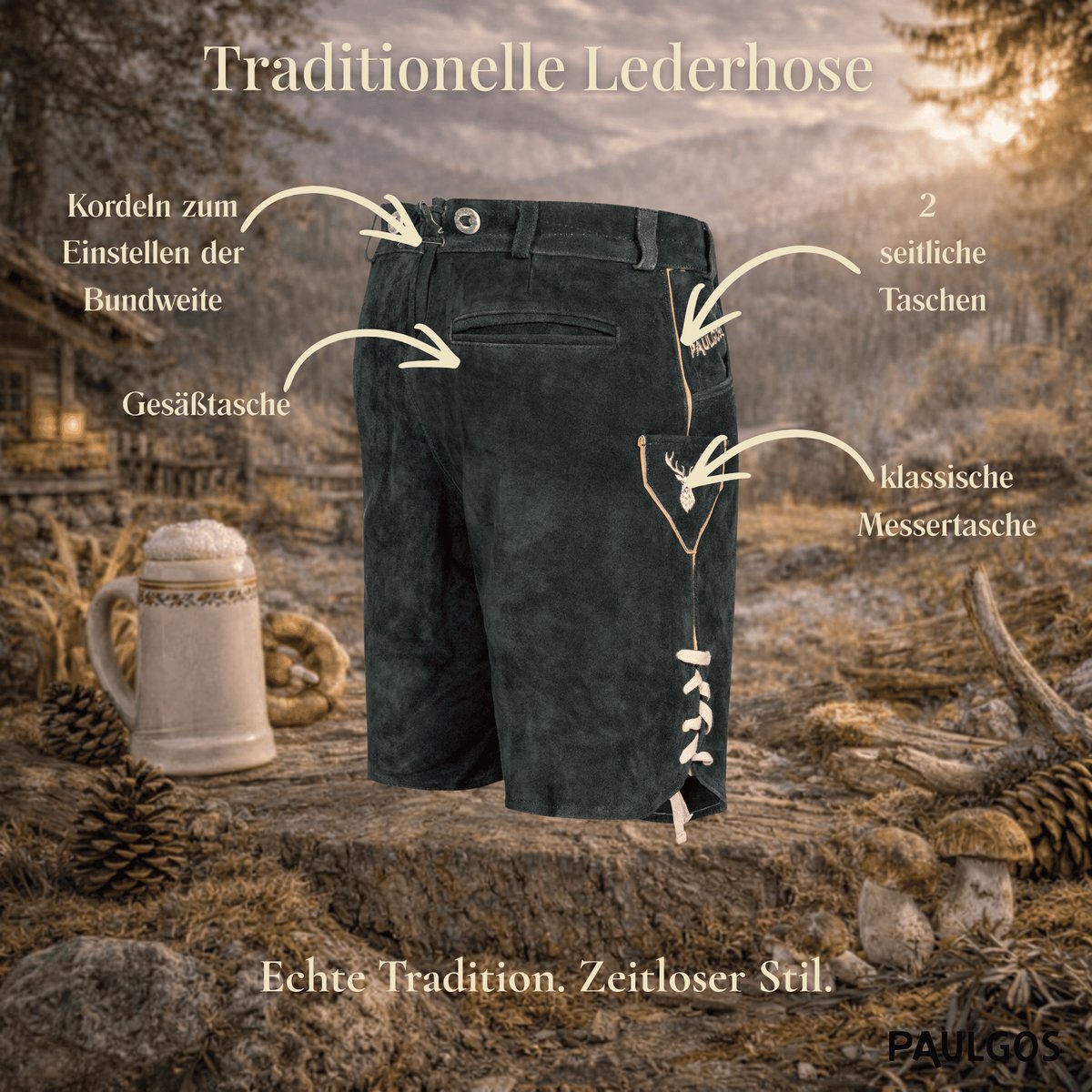 PAULGOS Heren traditionele leren broek kort - HK5 - Echt leer - Verkrijgbaar in 3 kleuren - Maat 44 - 60