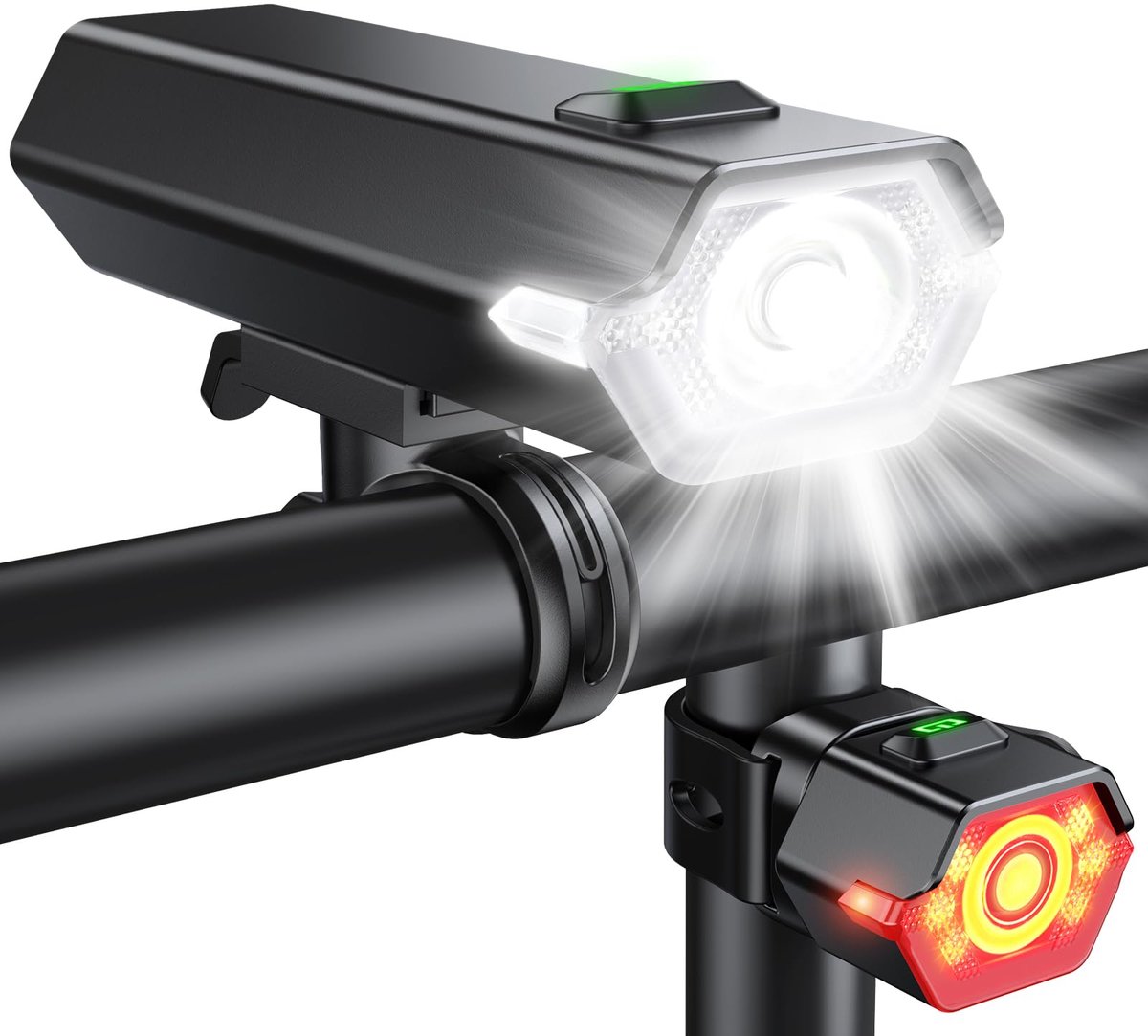SnelShoppen - Glangeh Oplaadbare Fietslamp Set Voor en Achter, 4+6 Verlichtingsmodi, Super Heldere Waterdichte Fietslampen met Zijlichten, 360° Draaib