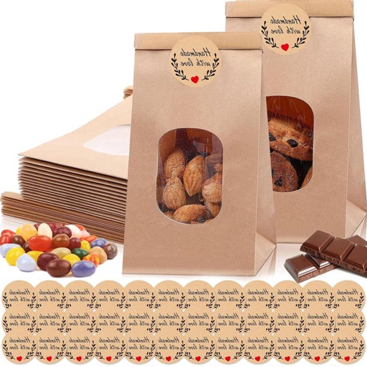 25 stuks kraftpapieren zakken voor het verpakken van geschenken - bruin - inclusief stickers