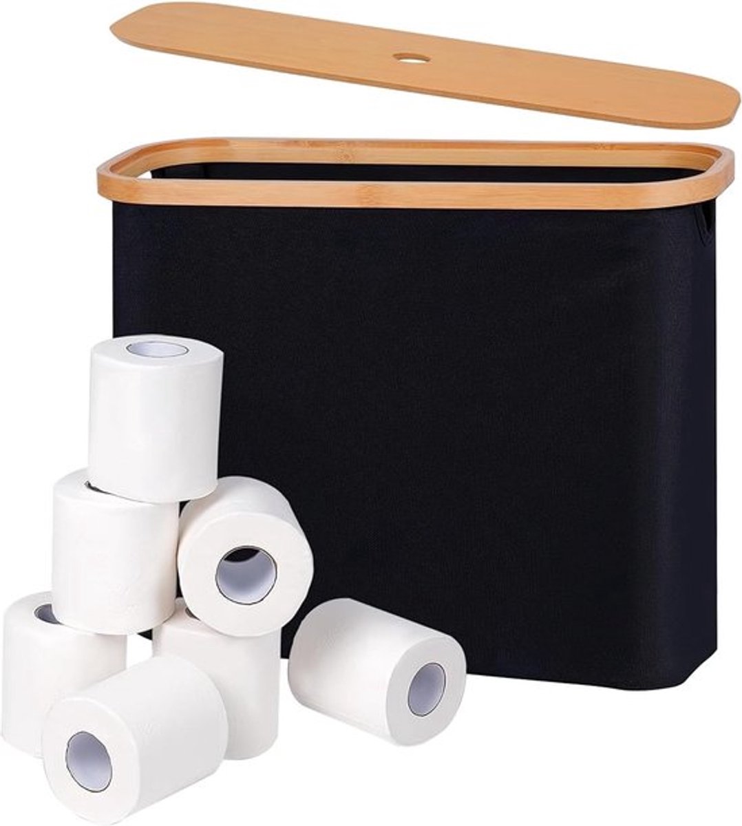 Opslagdoos voor Toiletpapier met Bamboe Deksel voor 12 Rollen, Stapelbaar en Waterdicht, Badkamer Organizer, Toiletonderhoud, 45 x 15 x 34.5 cm