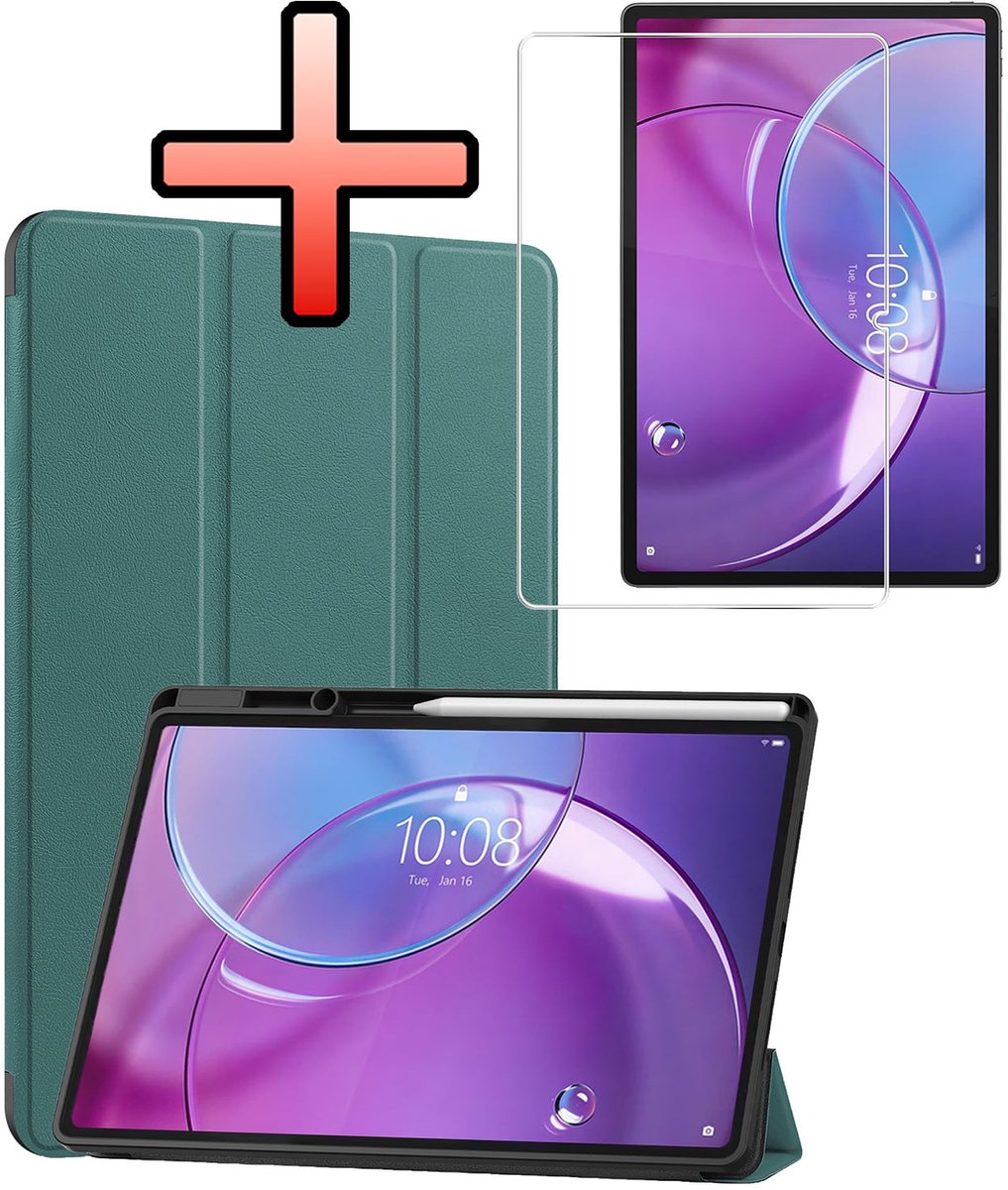 Hoes - Geschikt voor Lenovo Idea Tab Pro Gen 2 - Met Screenprotector - Trifold Bookcase - Hard Cover Case - Met Uitsparing Geschikt voor Lenovo Pen - Hardcover Book - Tablet Hoesje - Donkergroen