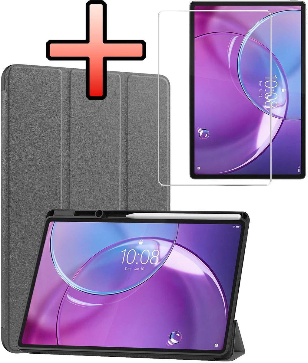 Hoes - Geschikt voor Lenovo Idea Tab Pro Gen 2 - Met Screenprotector - Trifold Bookcase - Hard Cover Case - Met Uitsparing Geschikt voor Lenovo Pen - Hardcover Book - Tablet Hoesje - Grijs