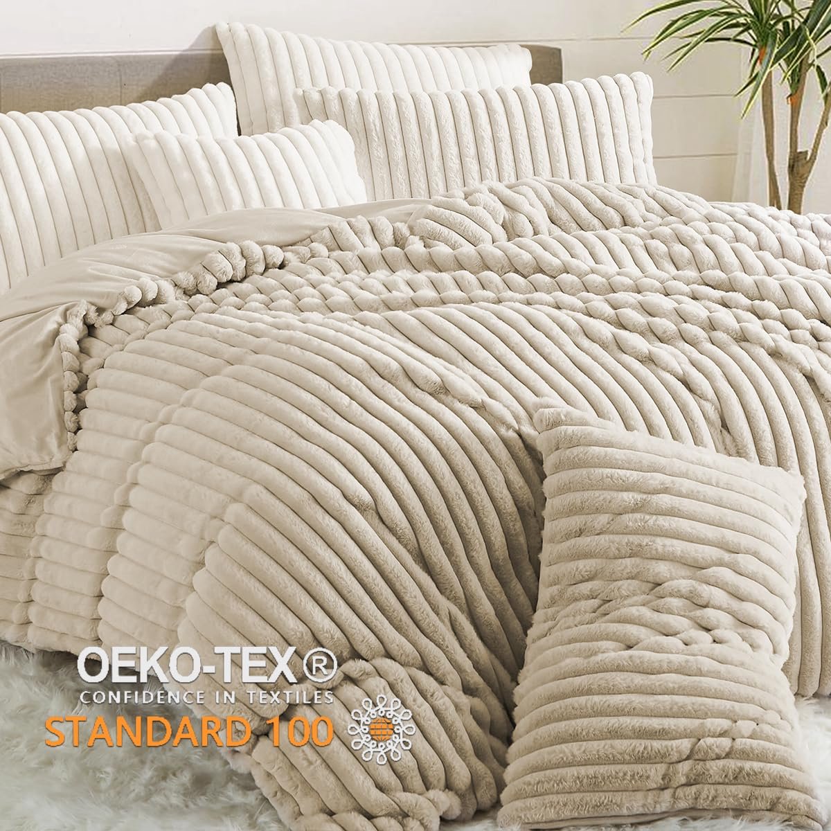 SnelShoppen - Winter pluche beddengoedset 135x200, 4-delig, beige flanel, kunstbont, gestreept dekbedovertrekken met ritssluiting, warm en pluizig voo