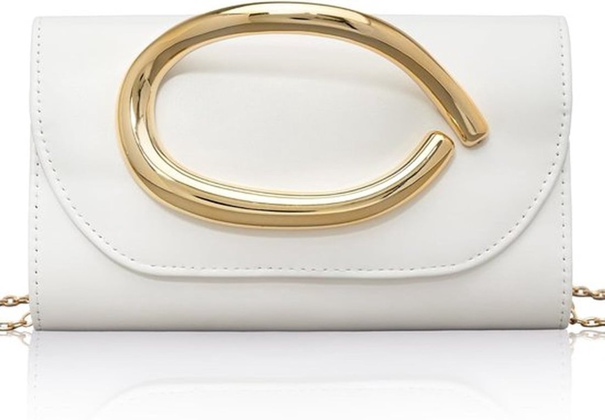 Elegante Vintage Leren Clutch met Gouden Handvat en Ketting voor Bruiloft en Feestjes, Wit en Klein