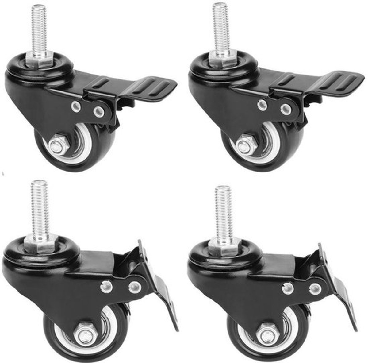 4 Stuks 1.5 Inch Zwenkwielen met Rem voor Trolleys, Meubels en Werkbanken - M10 x 25mm Draadstang