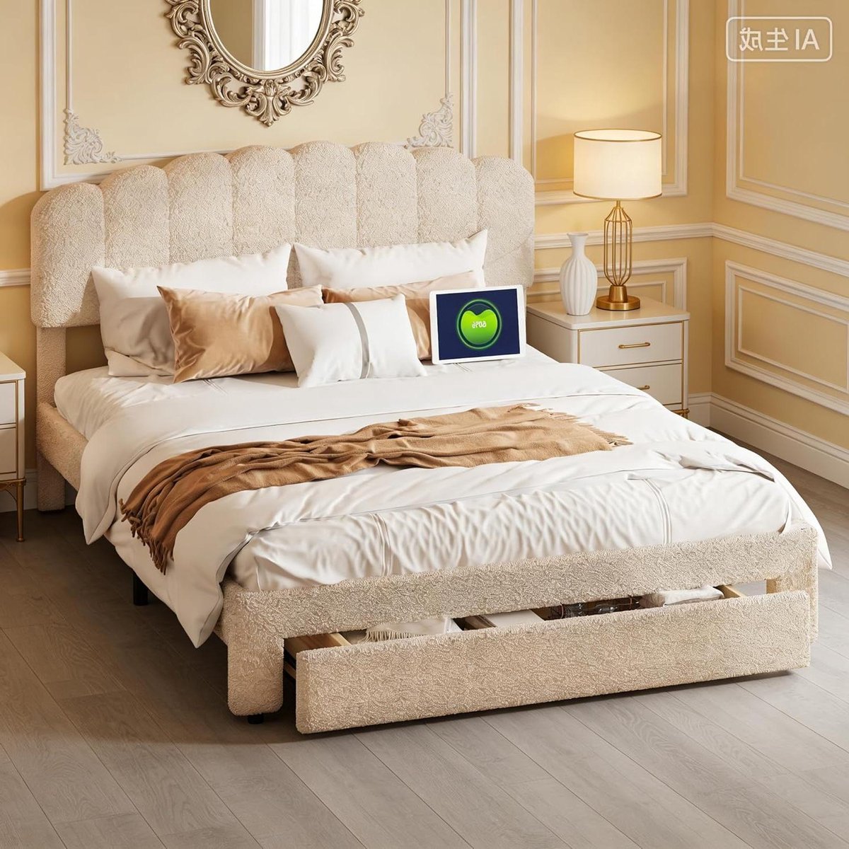 Gewatteerd bed - Tweepersoonsbed - Slaapkamer opbergen - Met LED en USB - 160x200 cm - Beige