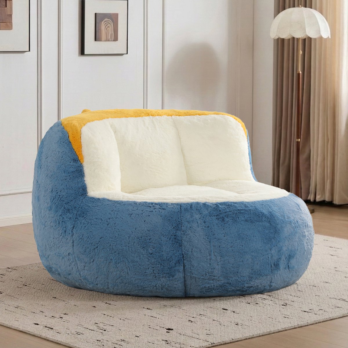 Patchwork Zitzak Fauteuil - Imitatie Konijnenbont - Hoogdichtheid Versnipperd Schuim - Ergonomisch Ontwerp - Loungestoel voor Woonkamer, Slaapkamer en Kinderkamer - Max. 200 kg-Blauw-wit-geel gemengd
