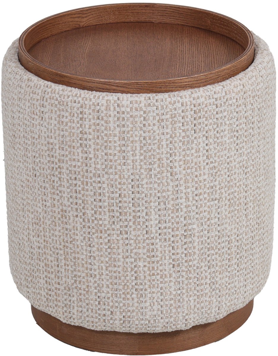 DÉJA Living Bijzettafel Marcia Beige/Walnoot – Rond – Met Opbergruimte – Chenille en Essenfineer – 40x40x44 cm
