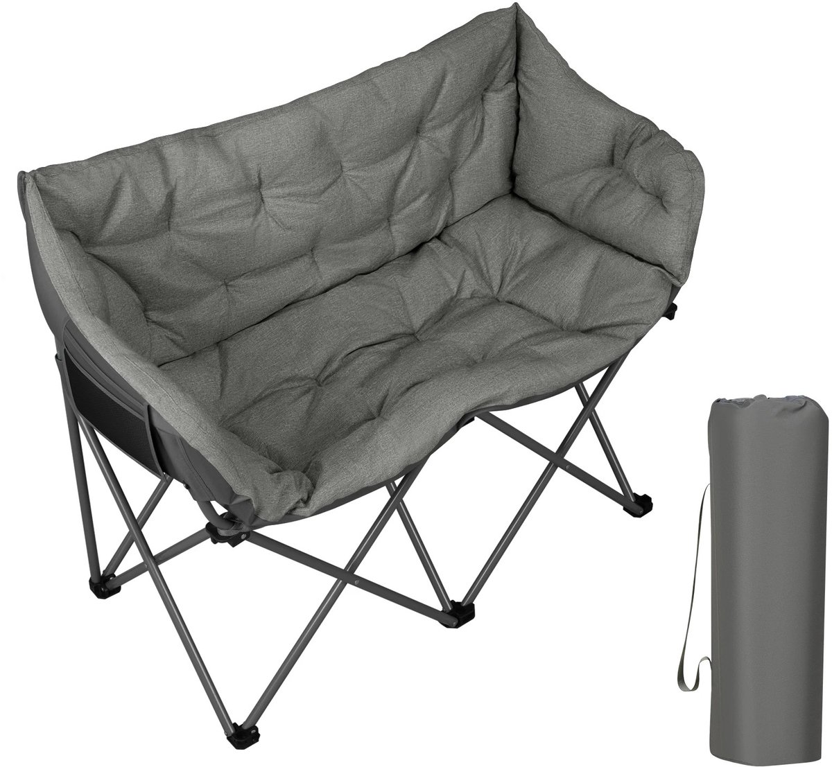 RosaBloom opvouwbare campingstoel 2-zits - Campingbank - Klapstoel - Loveseat - Gevoerd - Met draagtas - Zijvak - 121x95x60 cm - Donkergrijs