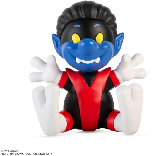 Schattige, cartoonachtige figuur met blauwe huid, zwarte haren en een rood-zwarte outfit.