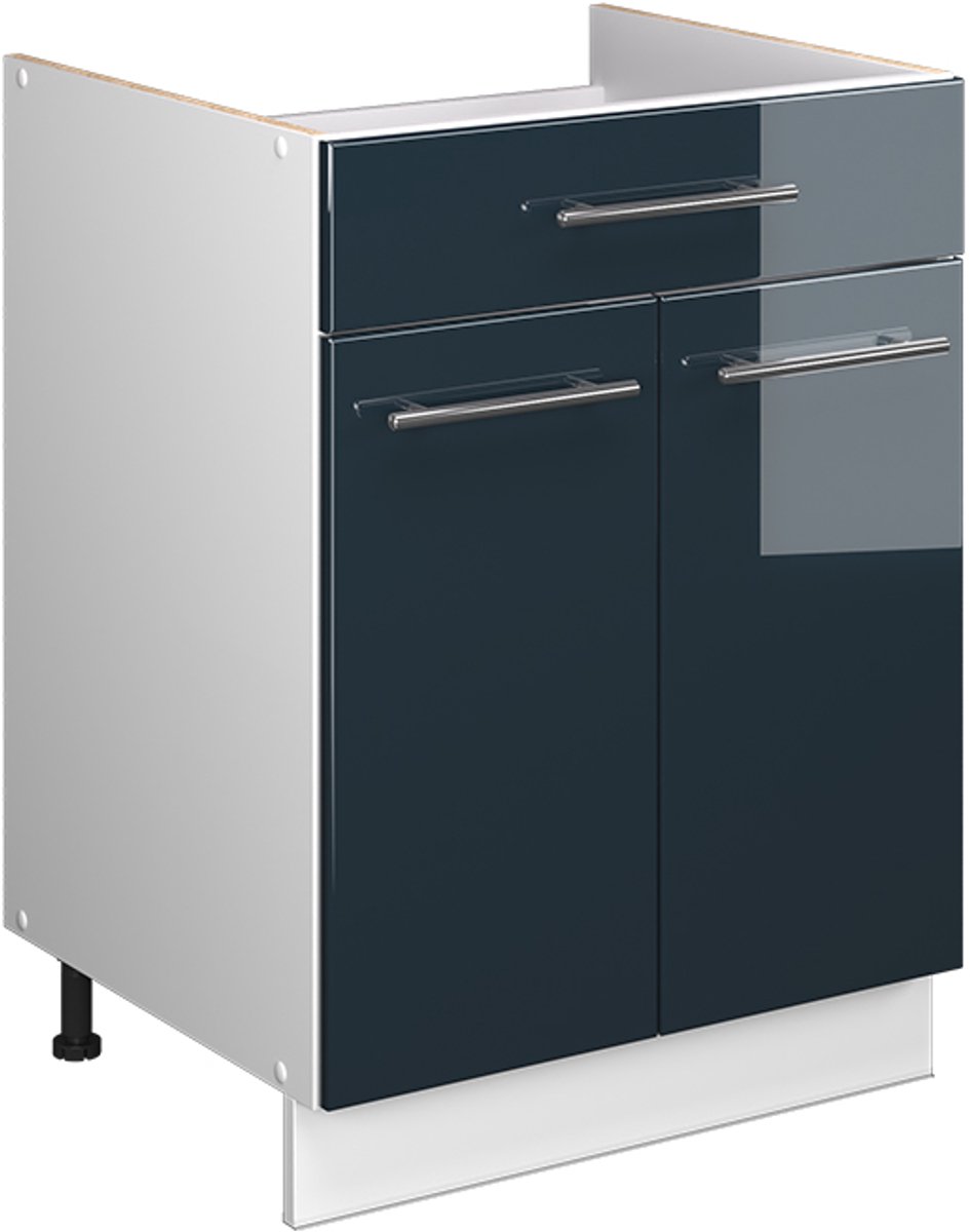 Vicco Onderkast voor spoelbak/kookplaat Fame-Line, Donkerblauw hoogglans/Wit, 60 cm met lade, zonder werkblad
