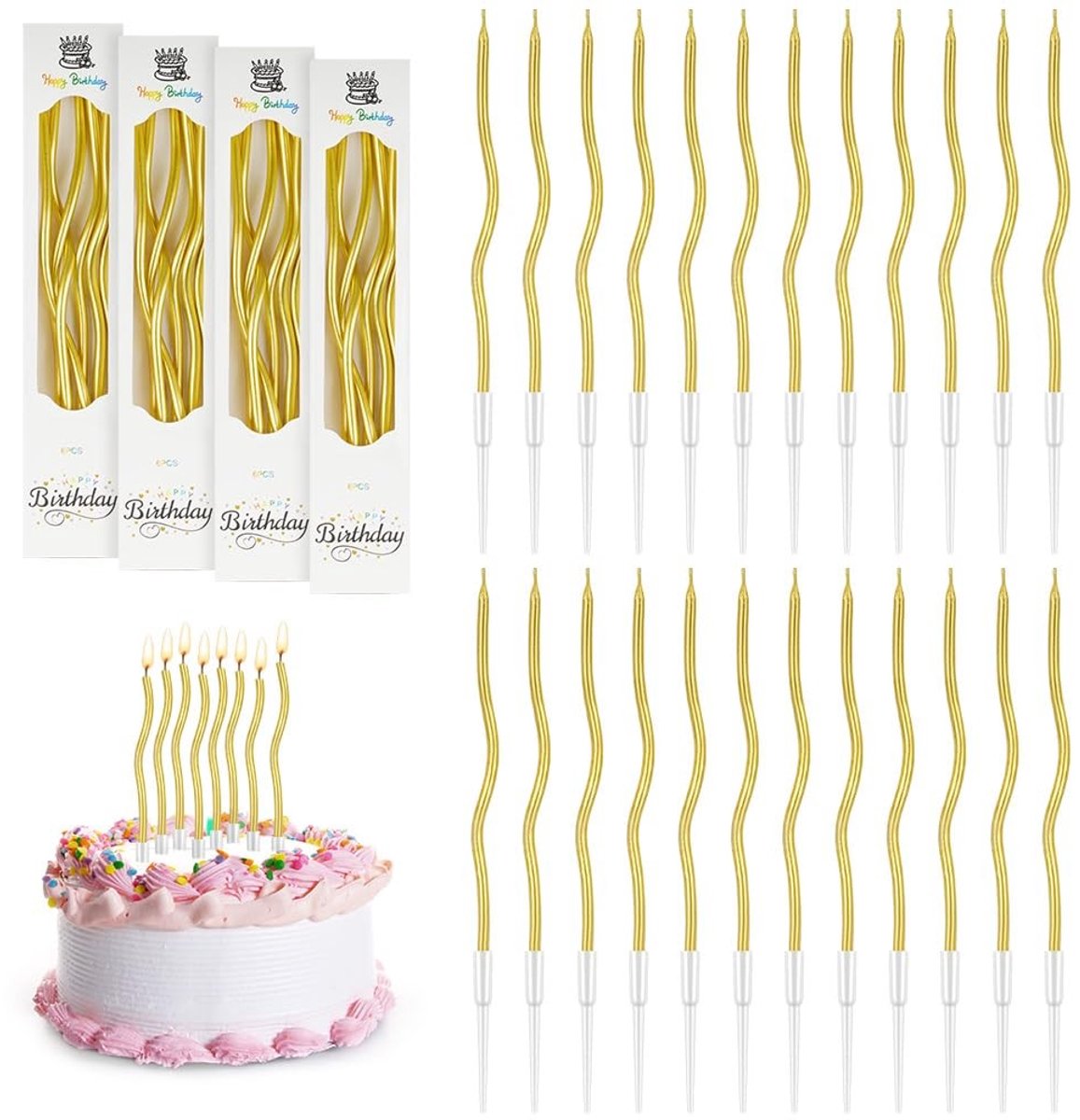 Dailygoods- Verjaardagskaarsen 24 stuks - Spiraalvormig - Metallic - Slank - Decoratie - Stabiele vlam - Afneembare standaard - Taartkaarsen