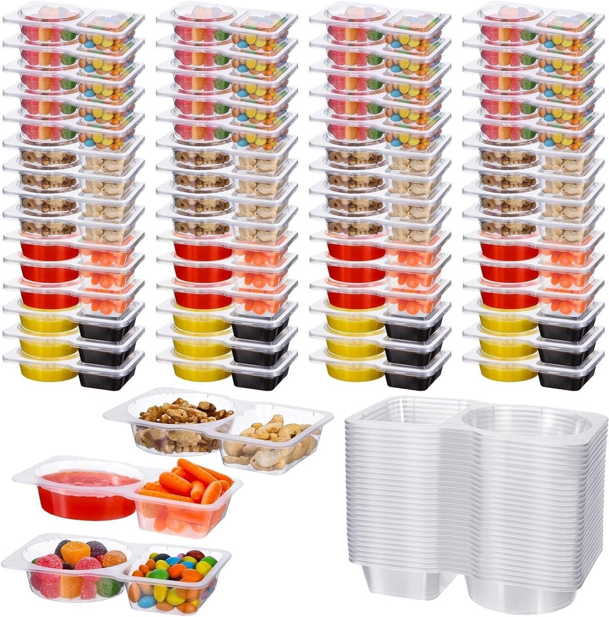 30 Stuks Dubbel Compartiment Snackcontainers, Levensmiddelenopslag voor Snacks en Sauzen, Lekvrije Mini Jars, Ideaal voor Reizen en Koelkast, BPA-vrij