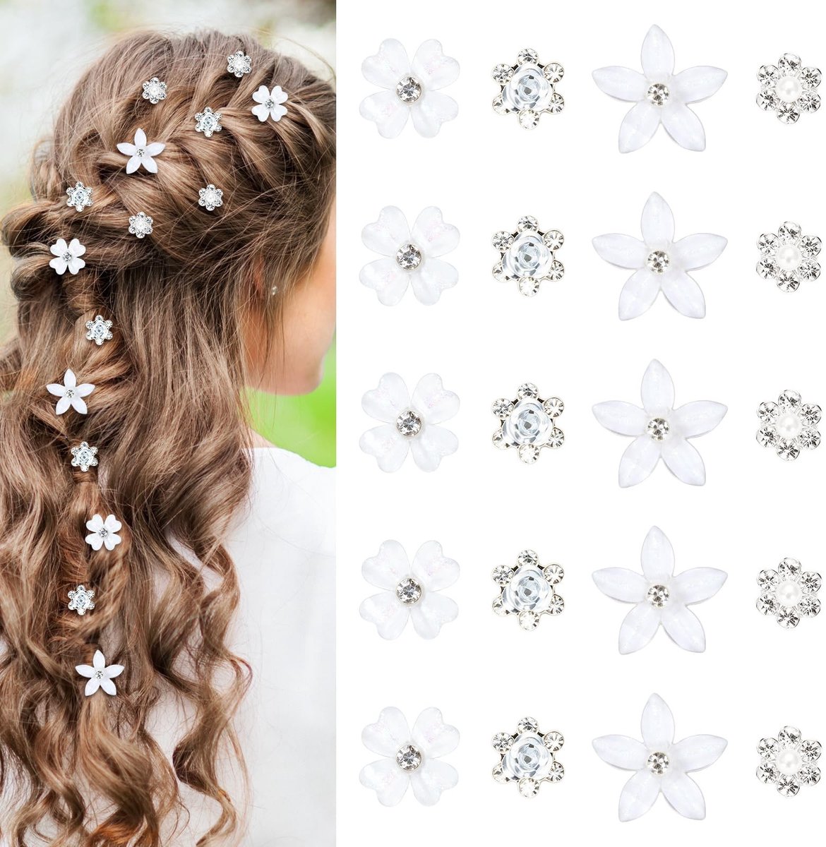 Dailygoods - 20 Stuks Haarspelden met Witte Bloemen - Elegante Haarsieraden voor Meisjes