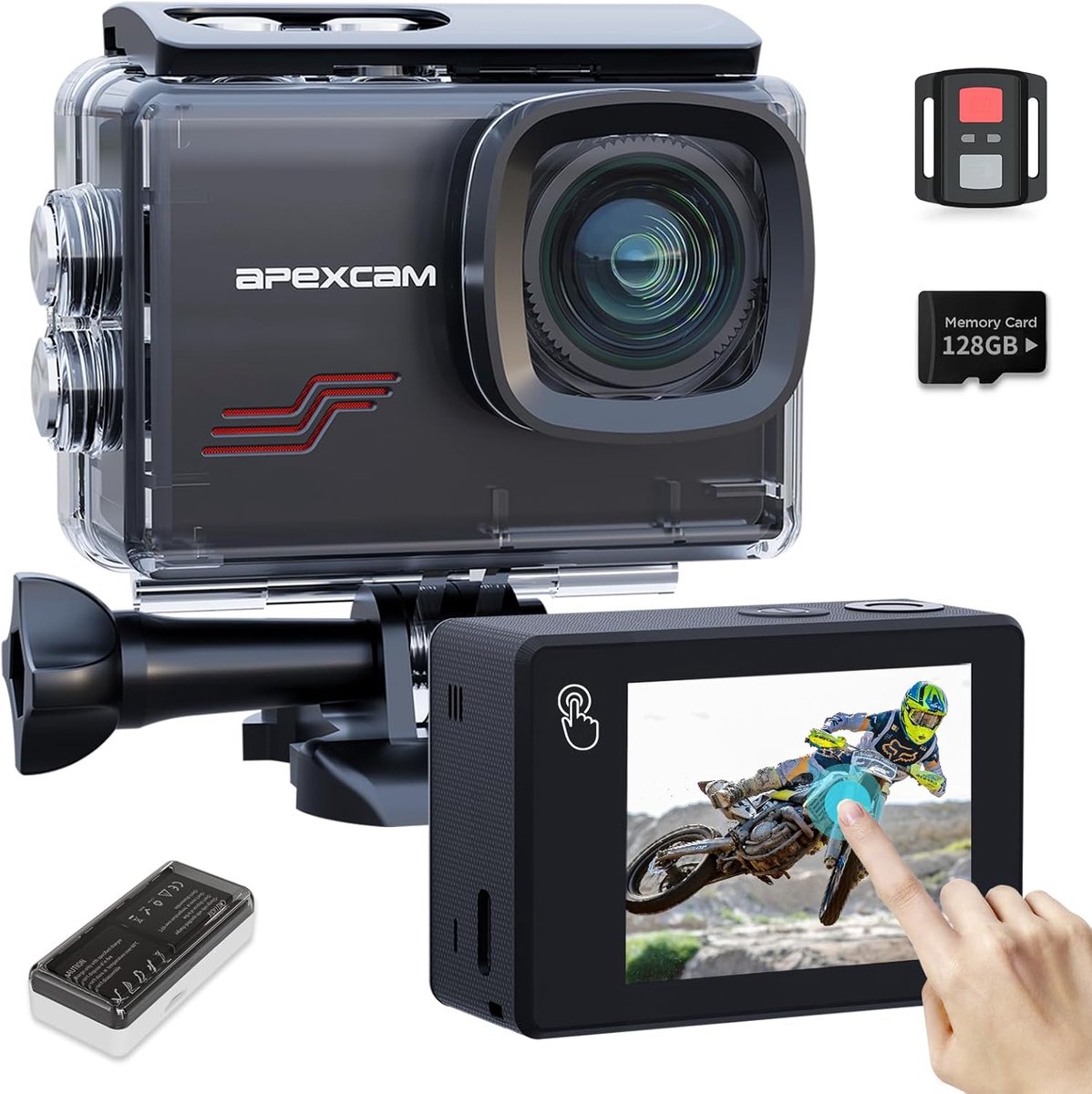 SnelShoppen - Action Cam 4K60FPS met 128G-kaart, 64MP onderwatercamera, 40m waterdicht, 8X Zoom, WLAN, 2.4G afstandsbediening, 2x1350mAh batterijen en