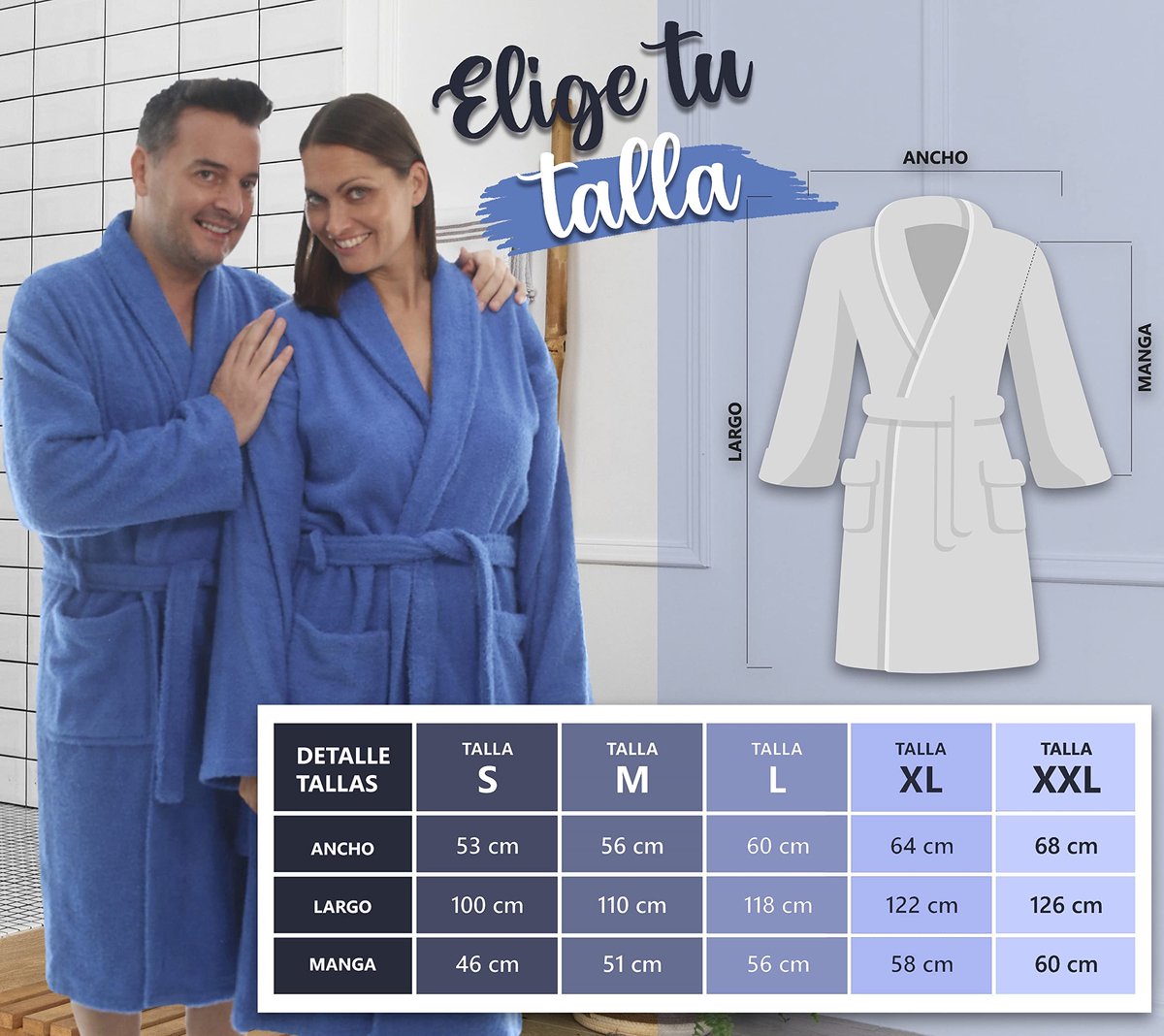SnelShoppen - Badjas Dames 100% Katoen OEKO-TEX, Amerikaanse Badstof 450 gsm, Unisex, Maten S M L XL XXL 3XL, Hemelsblauw voor Douche, Zwembad en Bad