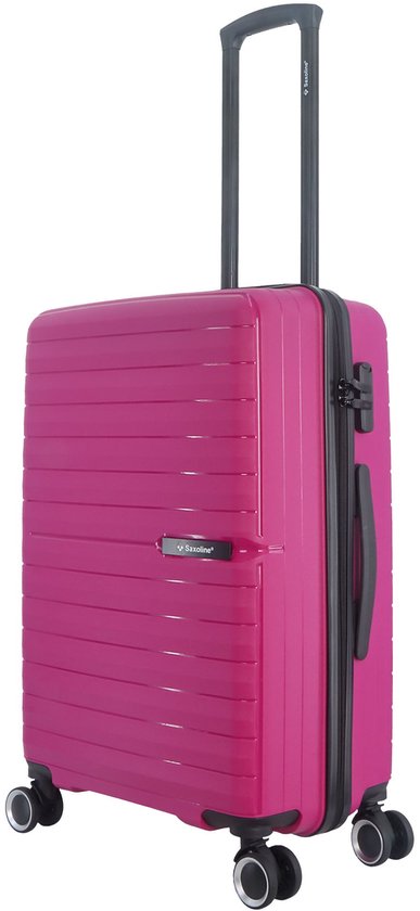 Fuchsia Saxoline koffer met uitschuifbaar handvat, vier wielen en ritssluiting.