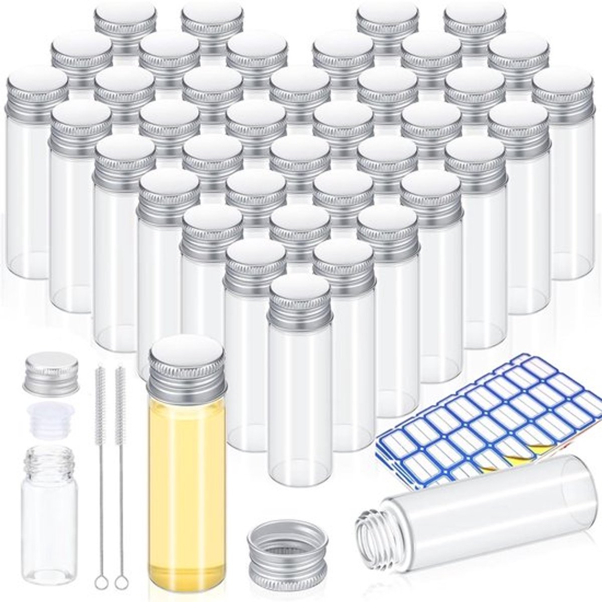Reageerbuizen 40 stuks - Glazen Buis met Schroefdop - Waterdicht - Voor Snoep/Specerijen - Inclusief Labelstickers/Reinigingsborstels - Perfect voor Cadeaus - Opbergbuis