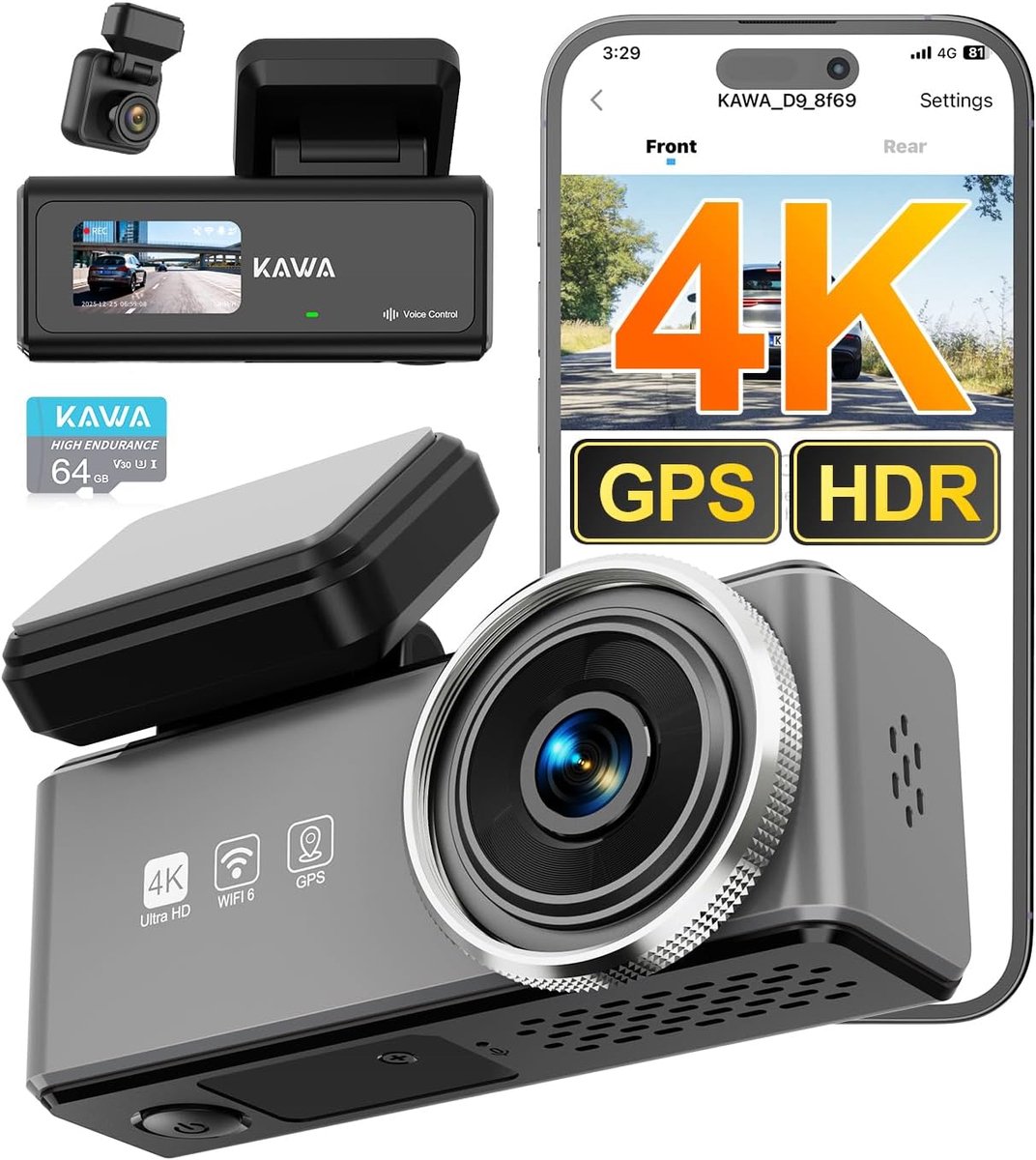 SnelShoppen - KAWA 2 Kanaal Dash Cam 4K + 1080P Voor- en Achterkant, Voice Control, GPS, 2K HDR, Parkeermodus, Wi-Fi 6, Voor Auto's, Dual Channel
