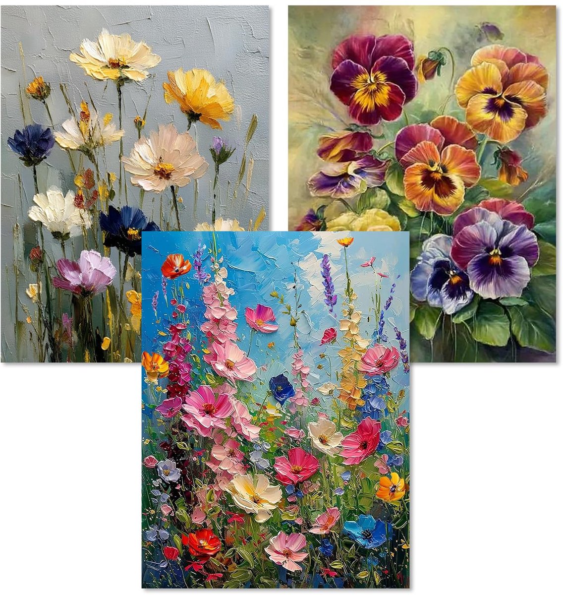 SnelShoppen - Schilderen op Nummer Set van 3 Volwassenen - Bloemen Schilderen op Nummer DIY Kit - Handgeschilderd Olieverfschilderij met 3 Penselen en