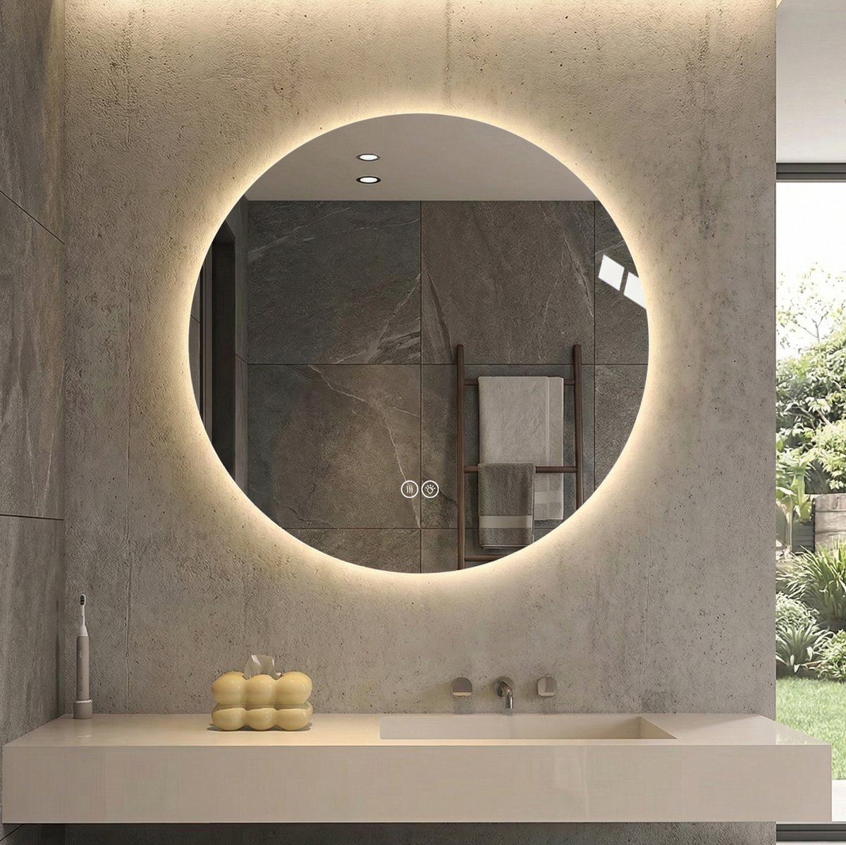 LED badkamerspiegel Rond 80 cm Achterverlichting Glas Metaal Silver Wandspiegel Met Anti-Beslag En Touchschakelaar