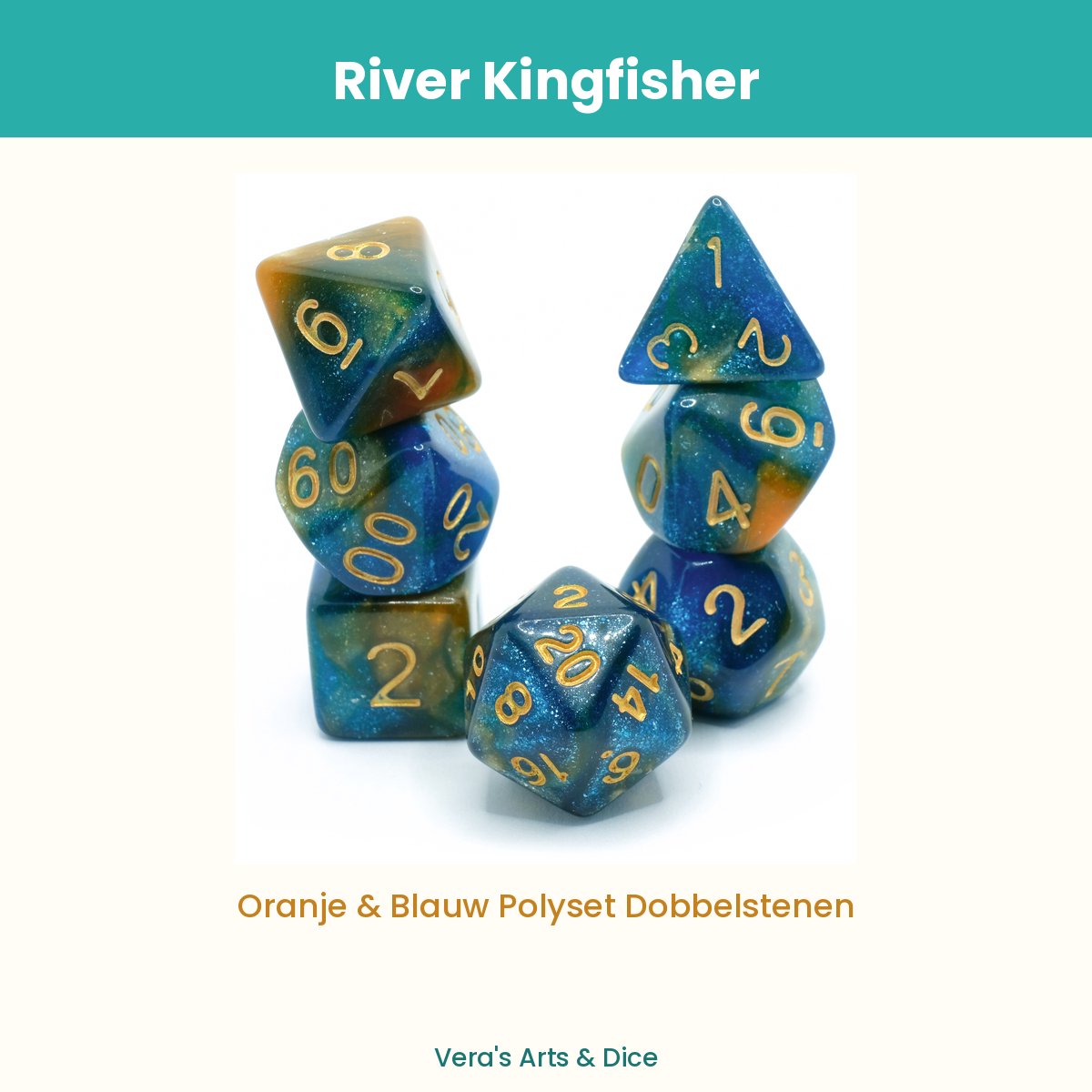 River Kingfisher - Vera's Arts & Dice - Dobbelstenen Set - 7-delig - Oranje Blauw Goud - D&D RPG