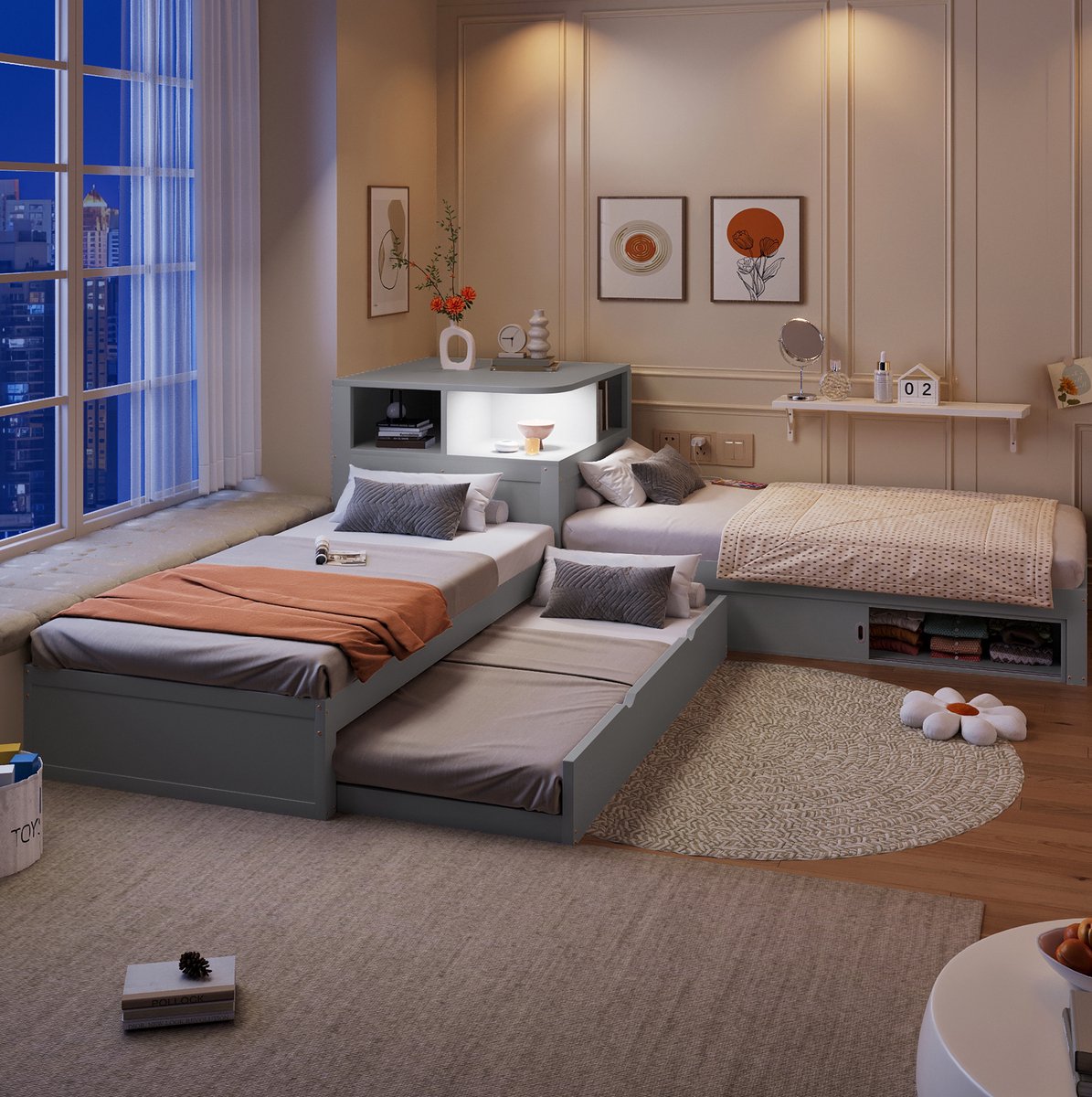 STILVORA Bed 90x200 cm – L-Vormig Eenpersoonsbed Met Uitschuifbed En Schuifdeur-Opbergruimte – Met Nachtlicht – Kinderkamer MDF En Grenenhout – Grijs – Zonder Matras