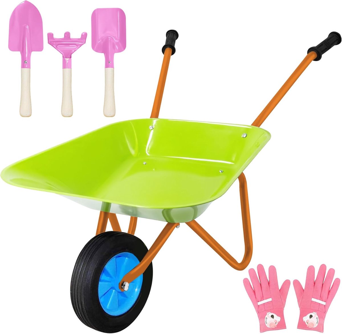 SnelShoppen - Kinderen Kruiwagen Set - Metalen Kruiwagen, Schep, Hark en Tuinhandschoenen - Tuin Spelen voor Kinderen - Perfect voor Buiten Activiteit