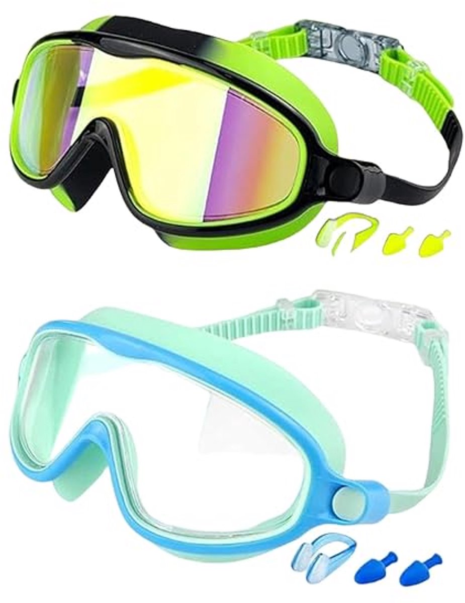 Een set van twee zwembrillen Geschikt voor kinderen en tieners, Geschikt voor anticondens-, UV-bescherming, breed gezichtsveld en waterdicht ontwerp (camouflagegroen Geschikt voor goudkleurige accenten + groen en blauw).