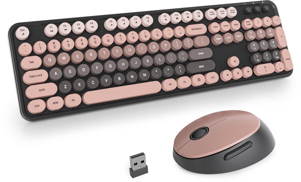 SnelShoppen - Draadloos Toetsenbord en Muis Set, Retro Typemachine Toetsenbord met Ronde Toetsen, 2.4GHz Ergonomisch met Numeriek Keypad, 104-Toetsen,