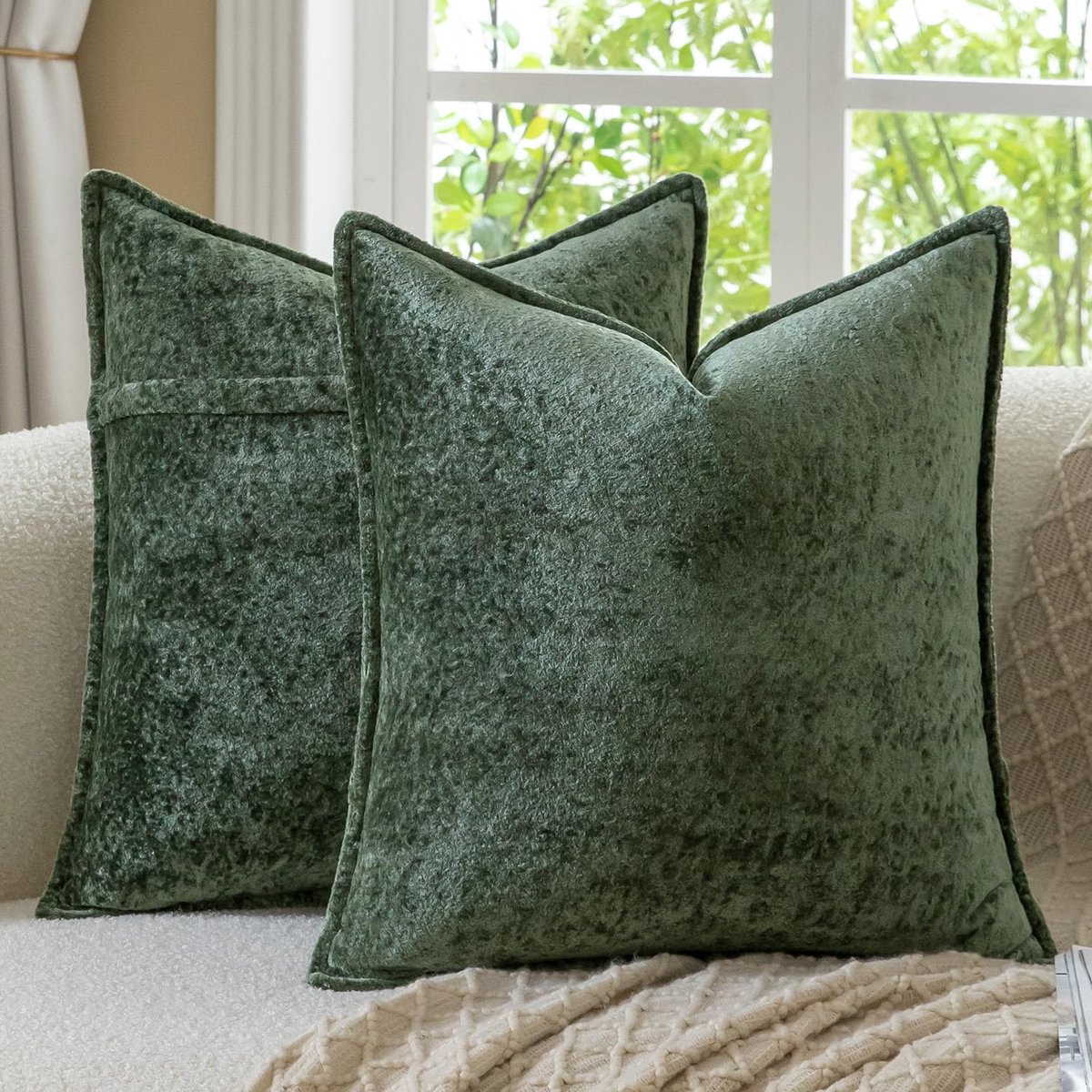 SnelShoppen - Decoratieve Kussenhoezen Set van 2 Geruite Bankkussens 40x40 cm Neutraal Groen Boho Farmhouse Woondecoratie voor Bank Sofa Slaapkamer Wo