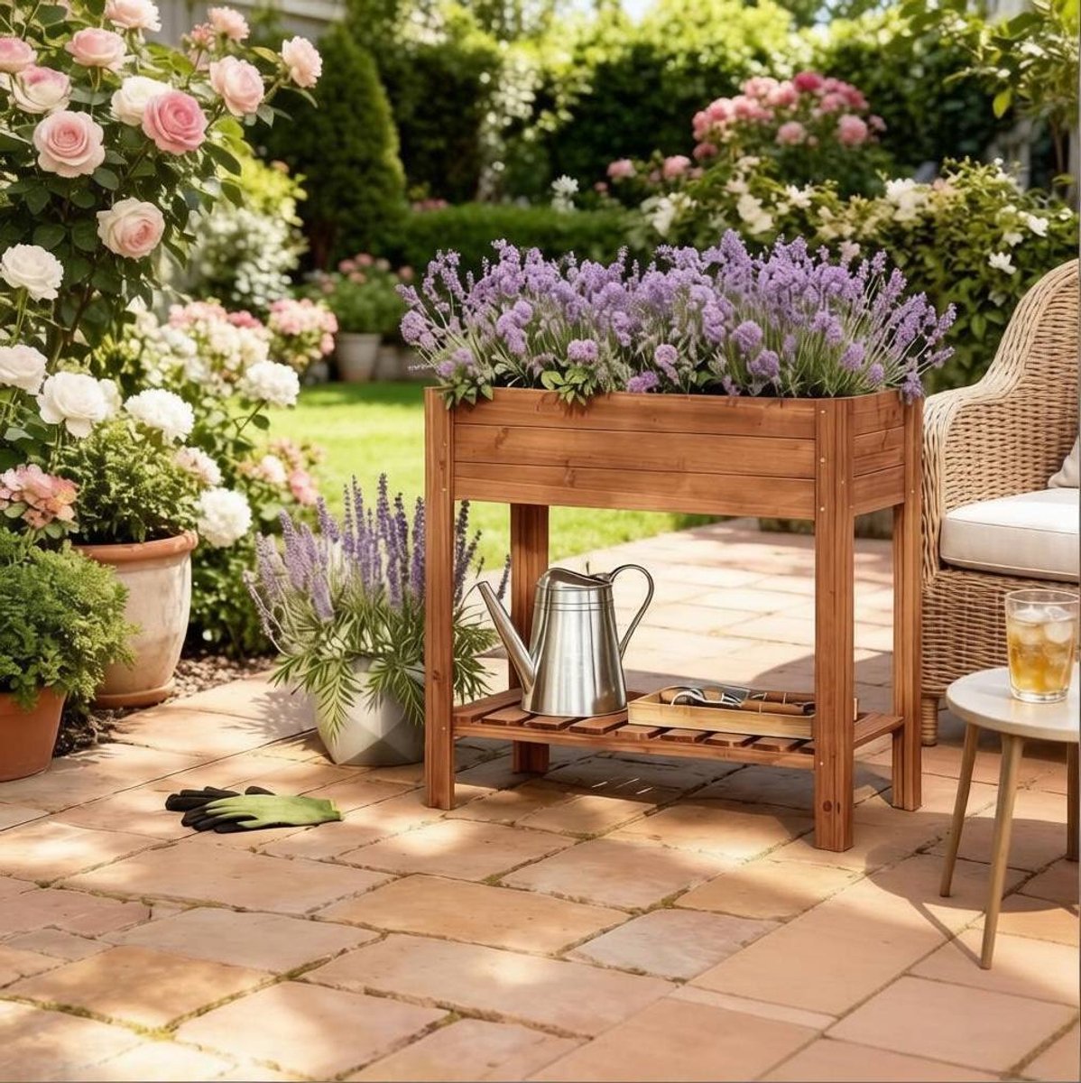 Verhoogde Plantenbak Met Opbergrek – 80 X 75 X 40 Cm – Massief Hout – Bruin – Voor Tuin, Balkon En Terras