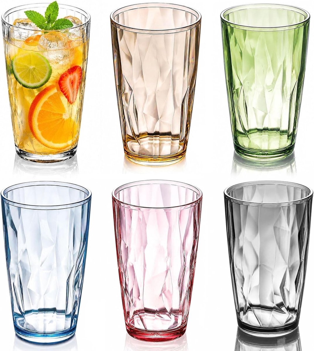 SnelShoppen - Hengrongshen Waterglazen kunststof set van 6 stuks, 500 ml kleurrijke drinkglazen, herbruikbare plastic bekers voor picknick, camping, f