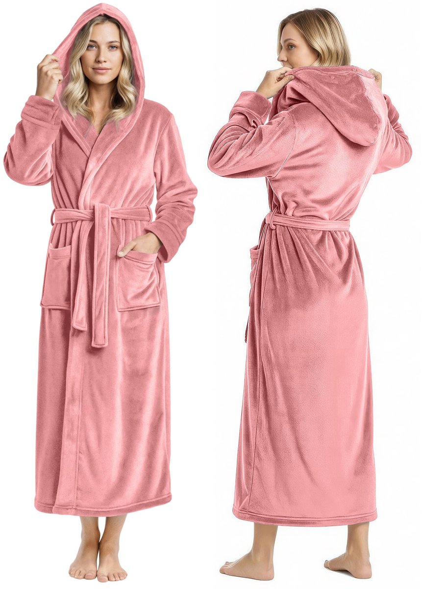 SnelShoppen - Dames Fleece Badjas met Capuchon, Pluche, Lange Badjas Koraal, Maat S, Zacht en Comfortabel voor Thuis en Wellness
