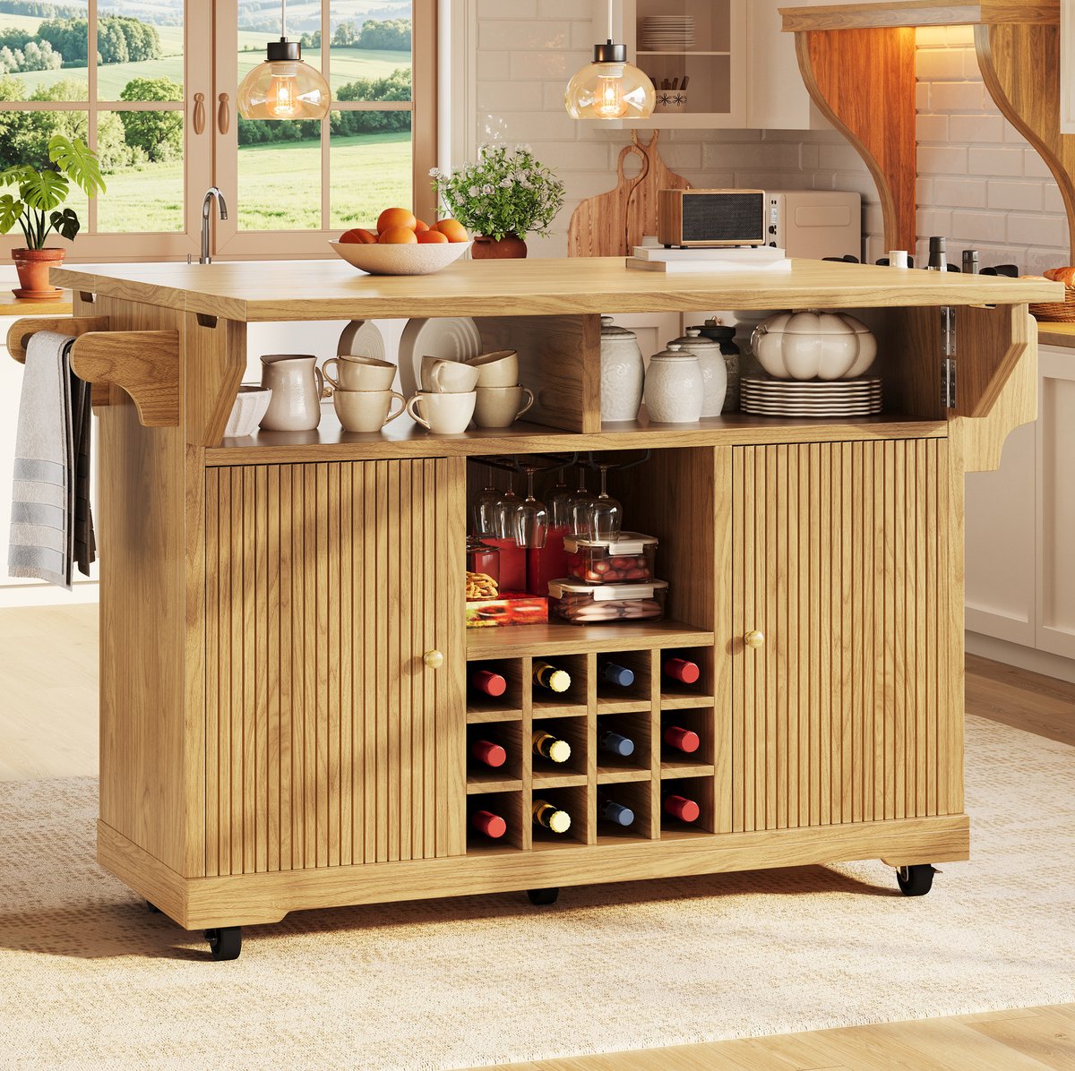 DESMIU Keukenkast - Multifunctionele Keukenrollwagen Met Opbergruimte En Wijnflessenhouder - Voor Keuken En Balkon - MDF - 142,5x80x95 Cm - Naturel Hout