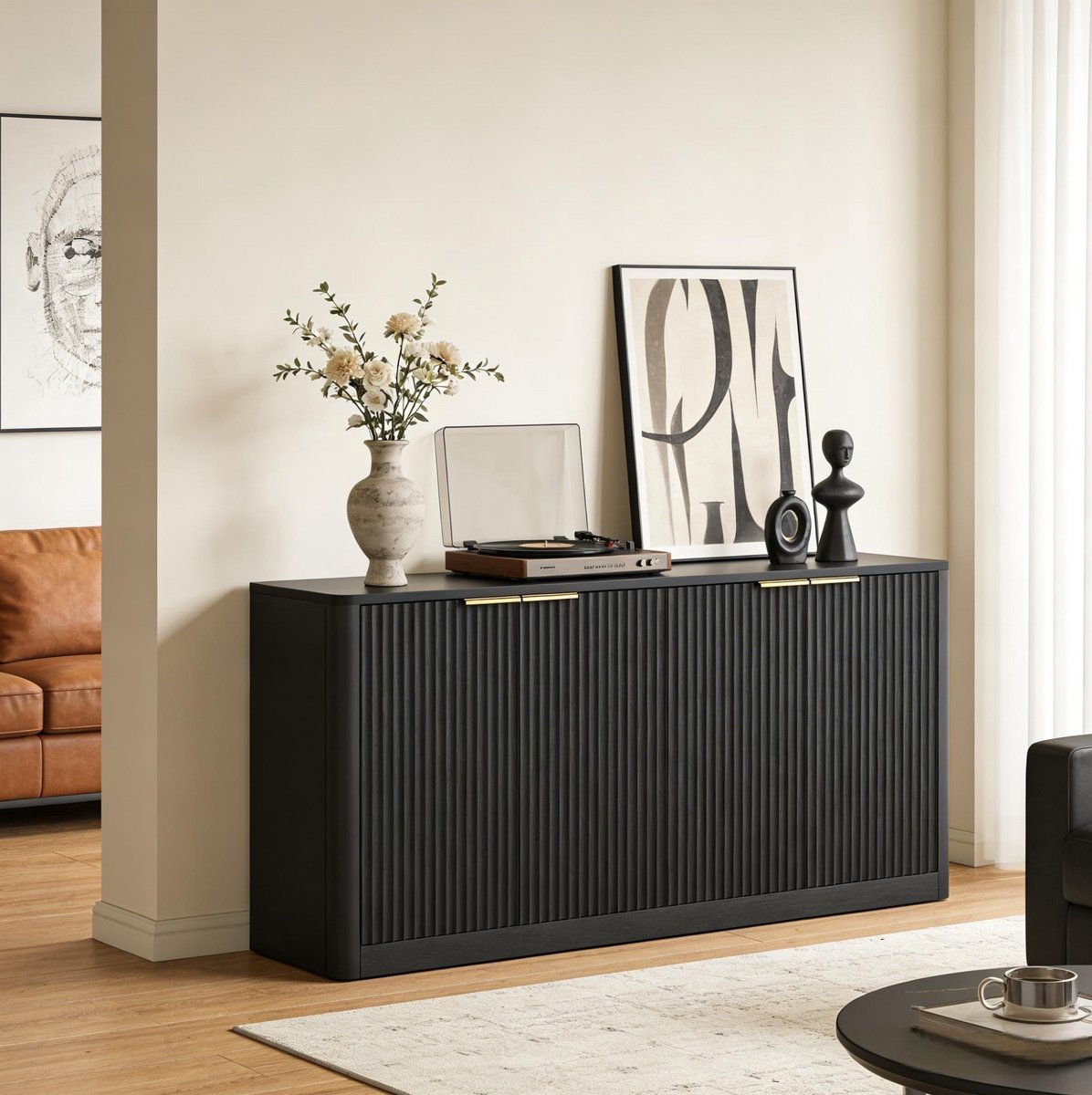 DESMIU Dressoir - Golvend Front Met 4 Deuren En Veel Opbergruimte - Voor Woonkamer Keuken En Hal - MDF - 150x40x70,5 Cm - Zwart