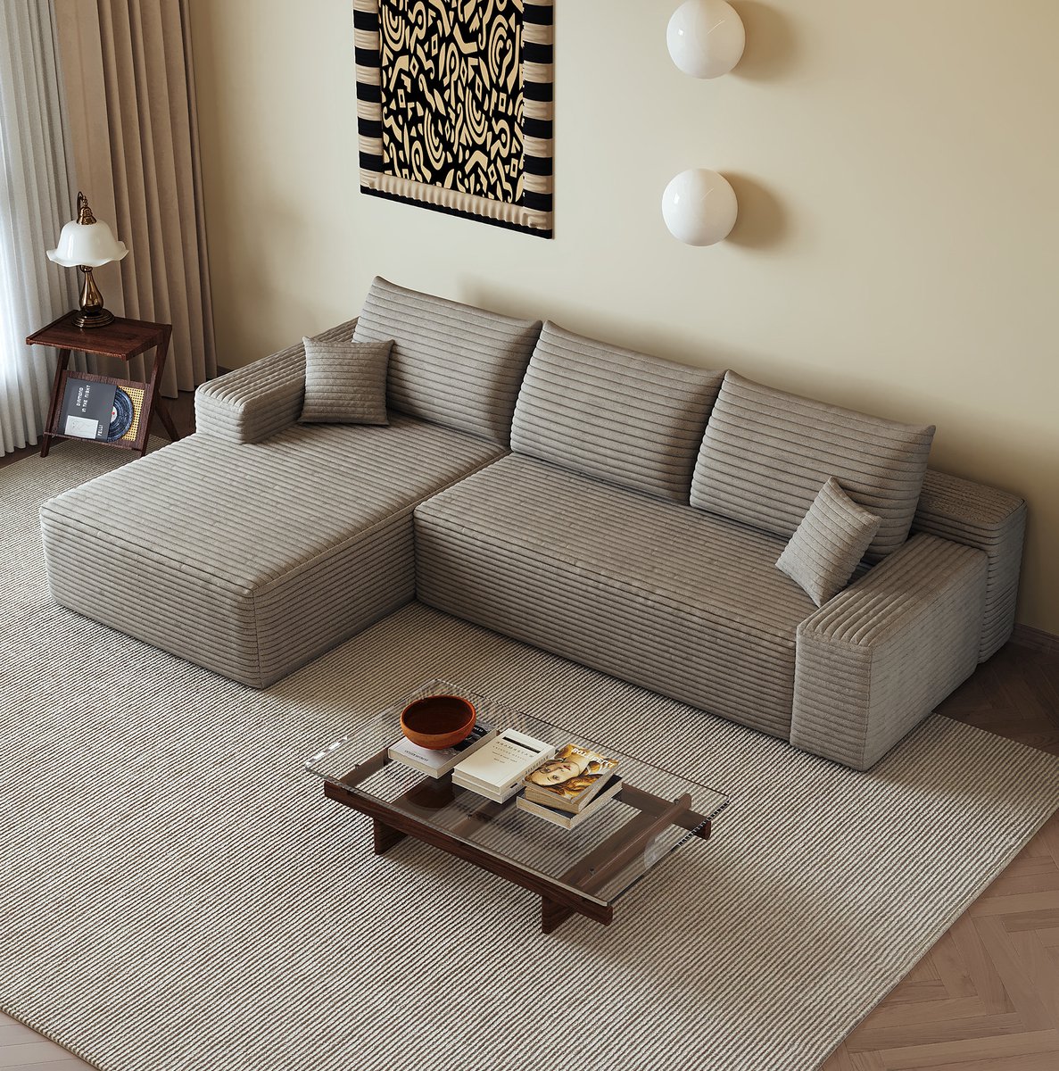 OKWISH Hoekbank 270 cm - Modulaire Bank Met L-Vormige Chaiselongue En Diepe Zit - Voor Woonkamer Of Slaapkamer - Corduroy Stof - Camel