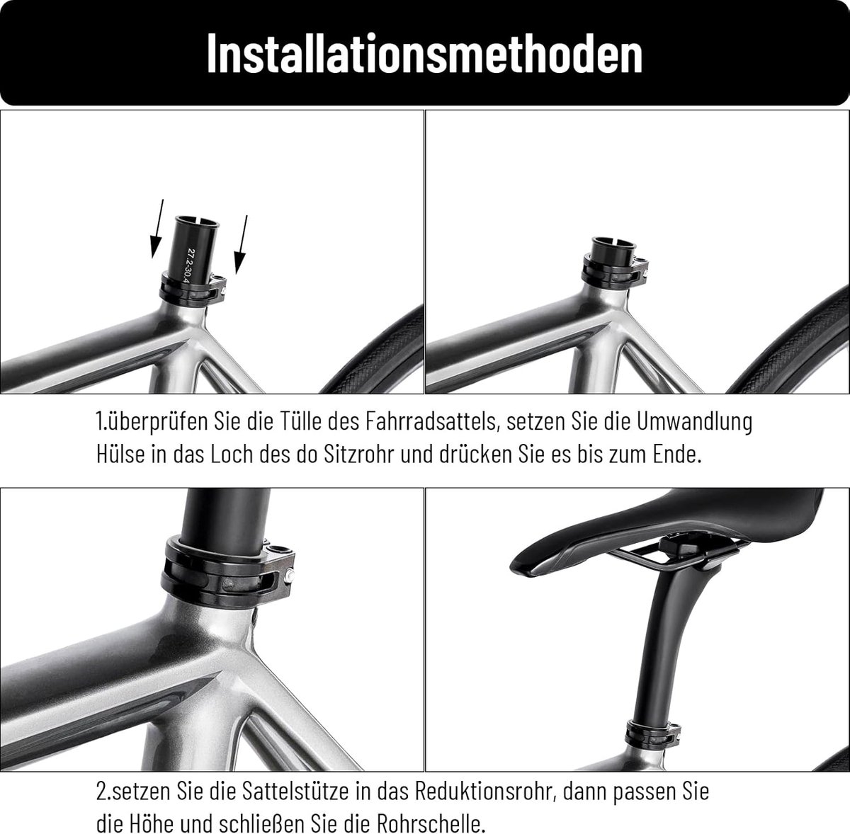 SnelShoppen - Pack van 2 Zwarte Fietszadel Stuurpijpen, Aluminium Legering, Verkleinring met Houders 27.2-30mm en 27.2-31.6mm, Fiets Zadelpost Ring, Z