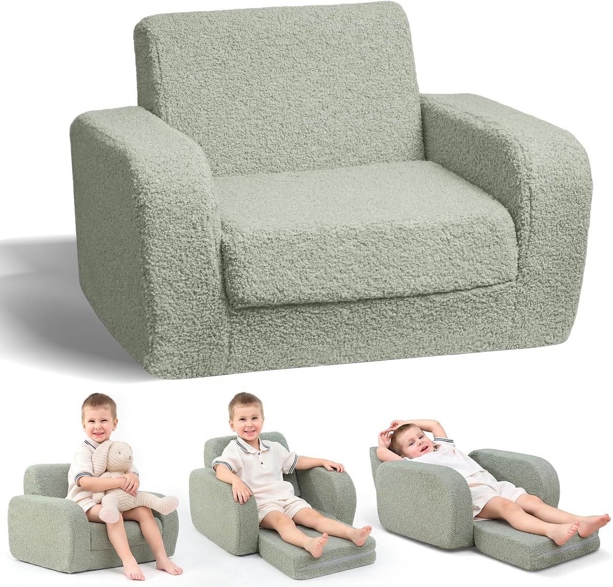 SnelShoppen - 3-in-1 Kinderbank met Slaapfunctie, Opvouwbare Peuterstoel, Pluche Babybank, Groene Babystoel voor 1-jarigen, Ideaal voor Thuis, Tuin en