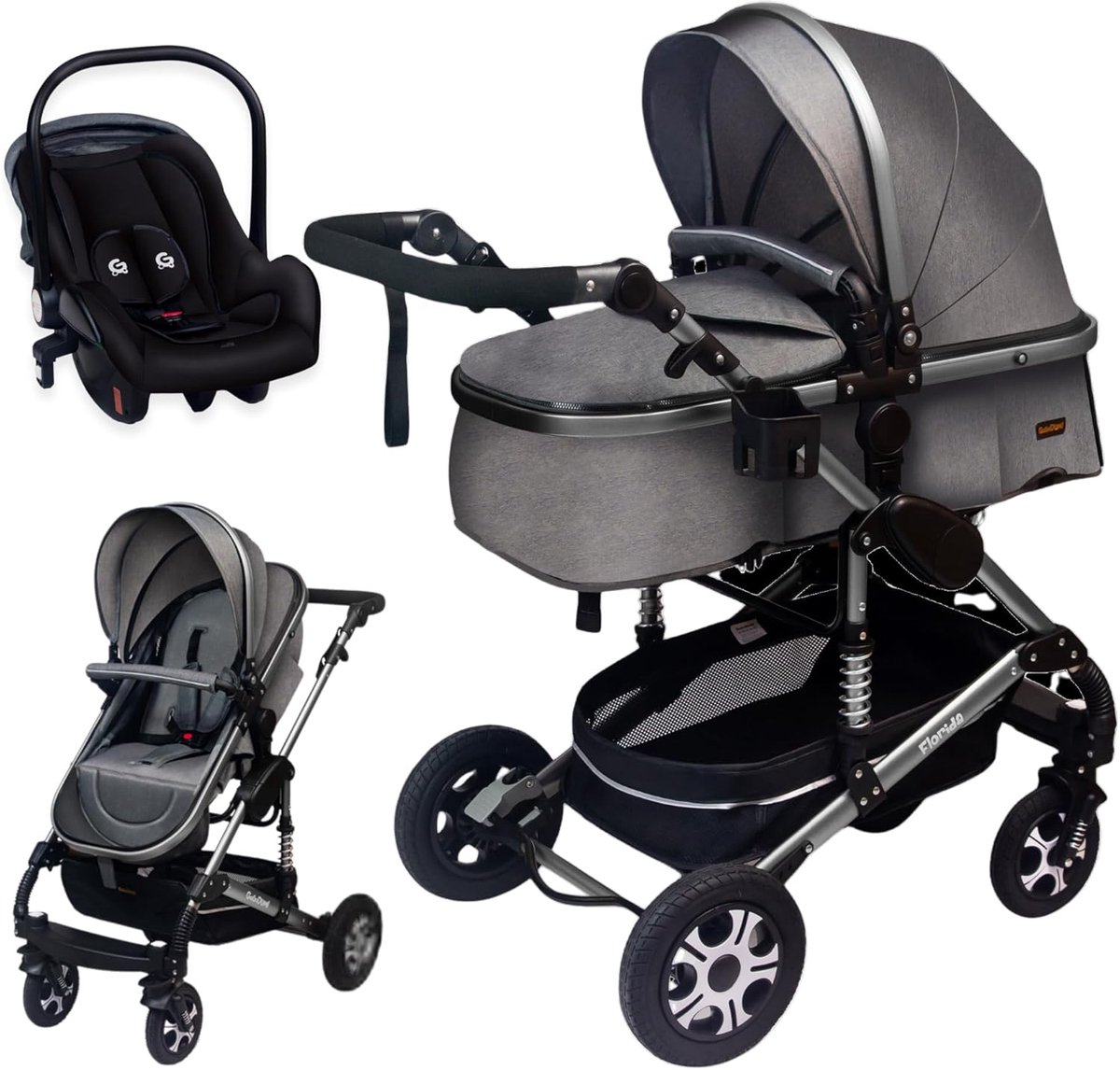 SnelShoppen - 3-in-1 Kinderwagen Set met Autostoel - TÜV Gecertificeerd - Combi Kinderwagen met Rubber Banden - Inclusief Luiertas - Grijs/Zilver