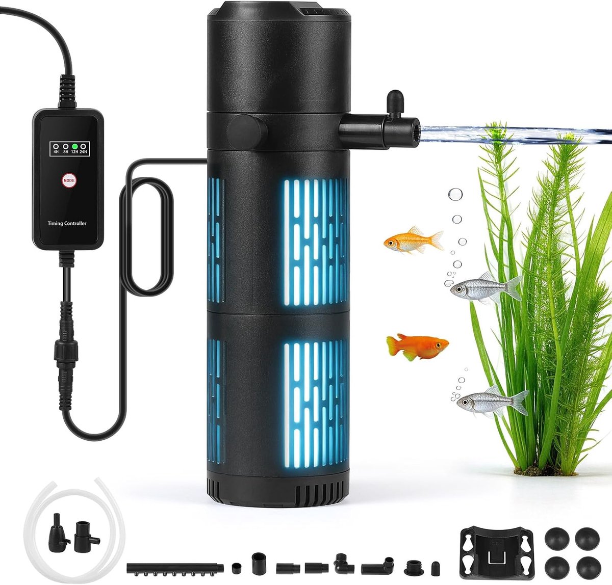SnelShoppen - 5-in-1 Aquariumfilter 800 l/u met UV-lamp en Timer, Filtratie, Ventilatie, Sterilisatie, Geschikt voor 80-267 L Aquaria, 6W Douchestang