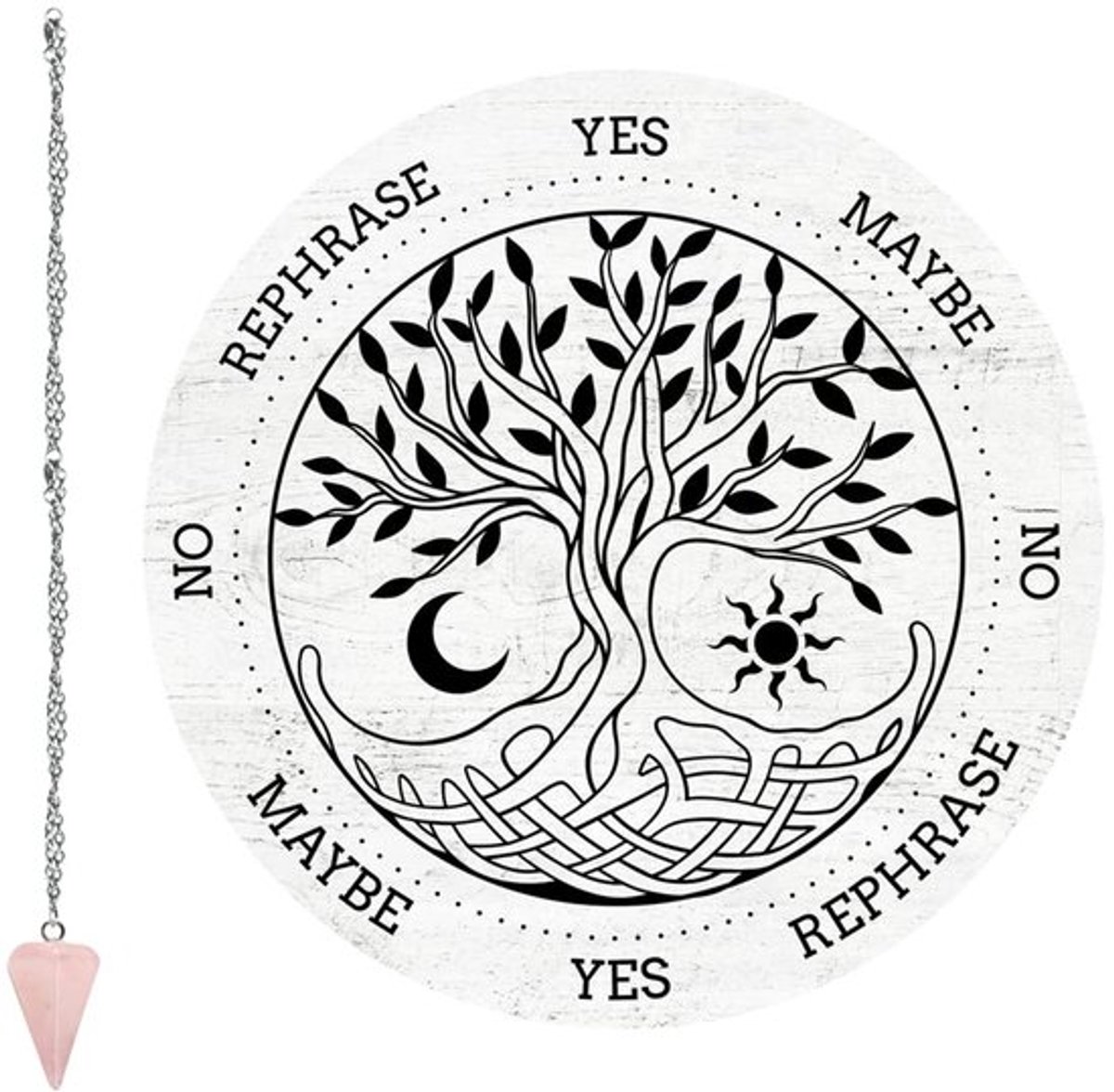 Levensboom pendelplank - Wenshengel - Houten waarzeggerij - 7,9 cm - Rozenkwarts kristal -