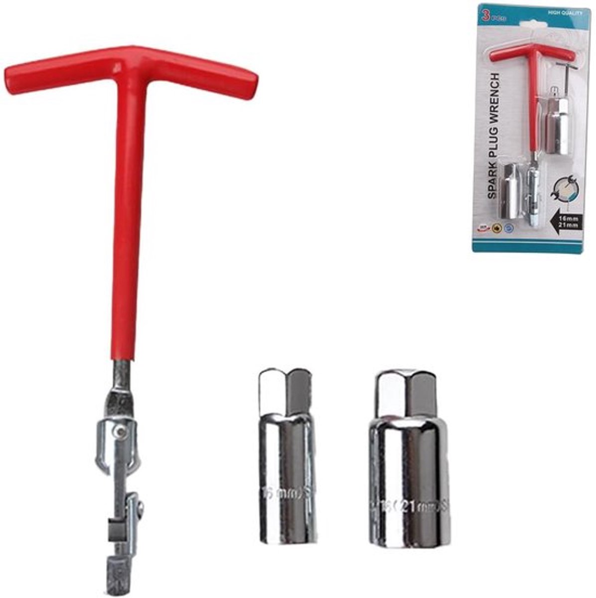 Dopsleutelset 3 Stukken - Bougie Dopsleutel - T-sleutel - Moersleutelset - Koolstofstaal - 16mm/21mm, Rood - Moersleutel