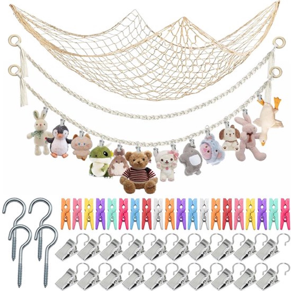 Opbergnet Bohemian Macramé - Hangende Opberger - Opberg Etui - Knuffels - Decoratie - 40 Clips - 2 m Pluche Dier - Opbergnetten