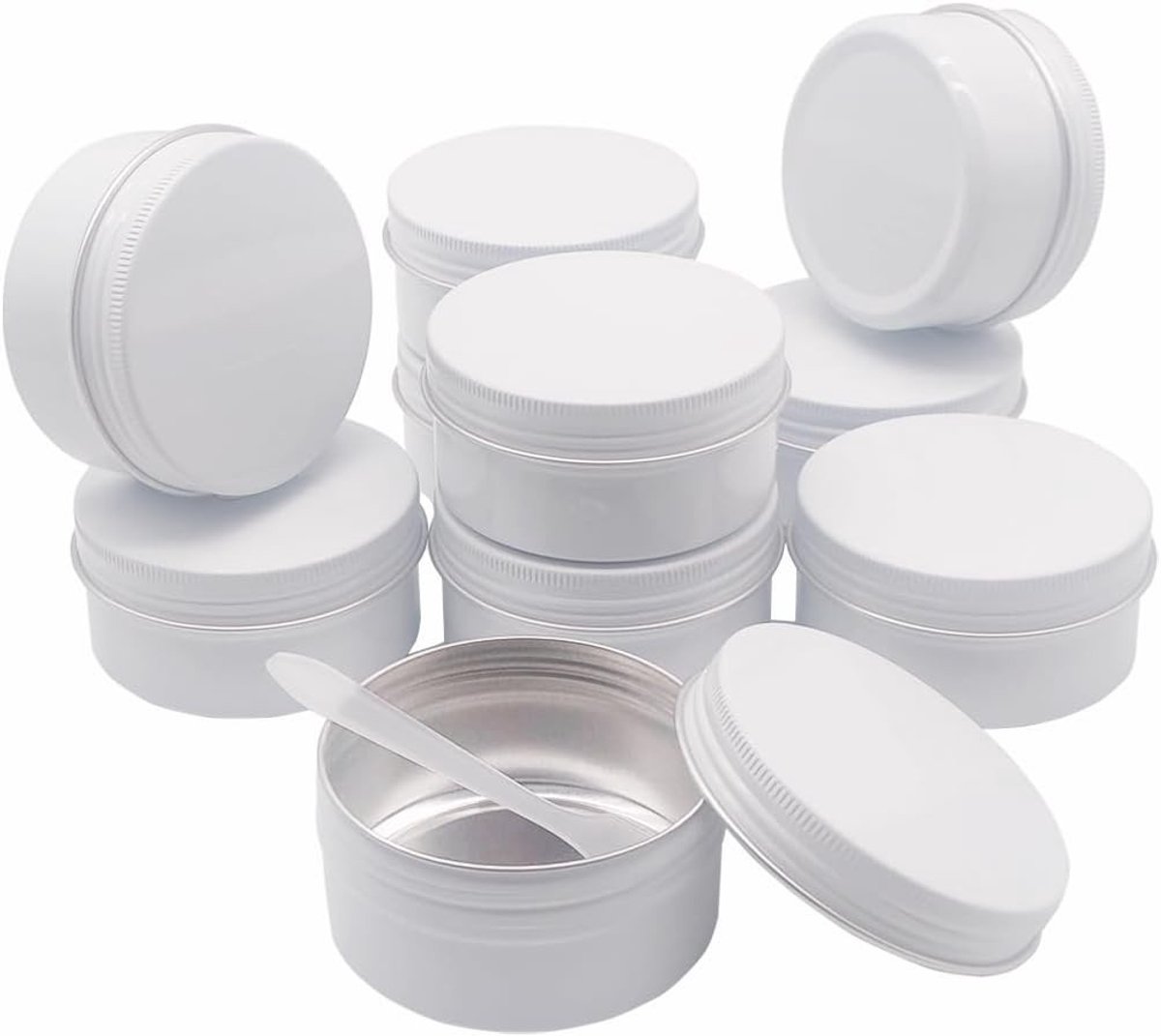 Set van 10 witte ronde metalen reiskannen van 80g, perfect voor make-up, cosmetica, lippenbalsem en kruidenopslag