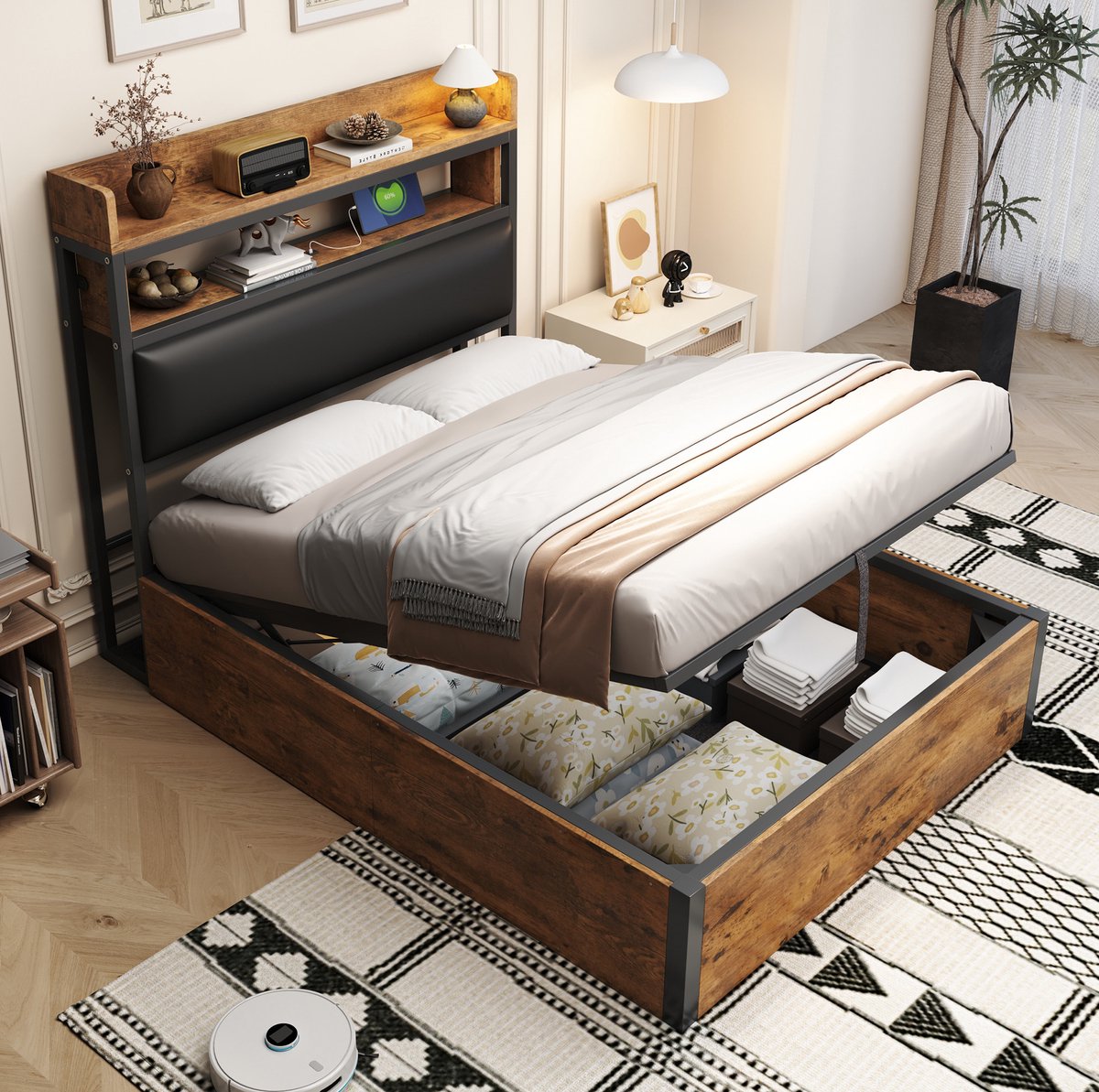 COVREO Bed 90x200 cm zwart met opbergruimte en USB zonder matras