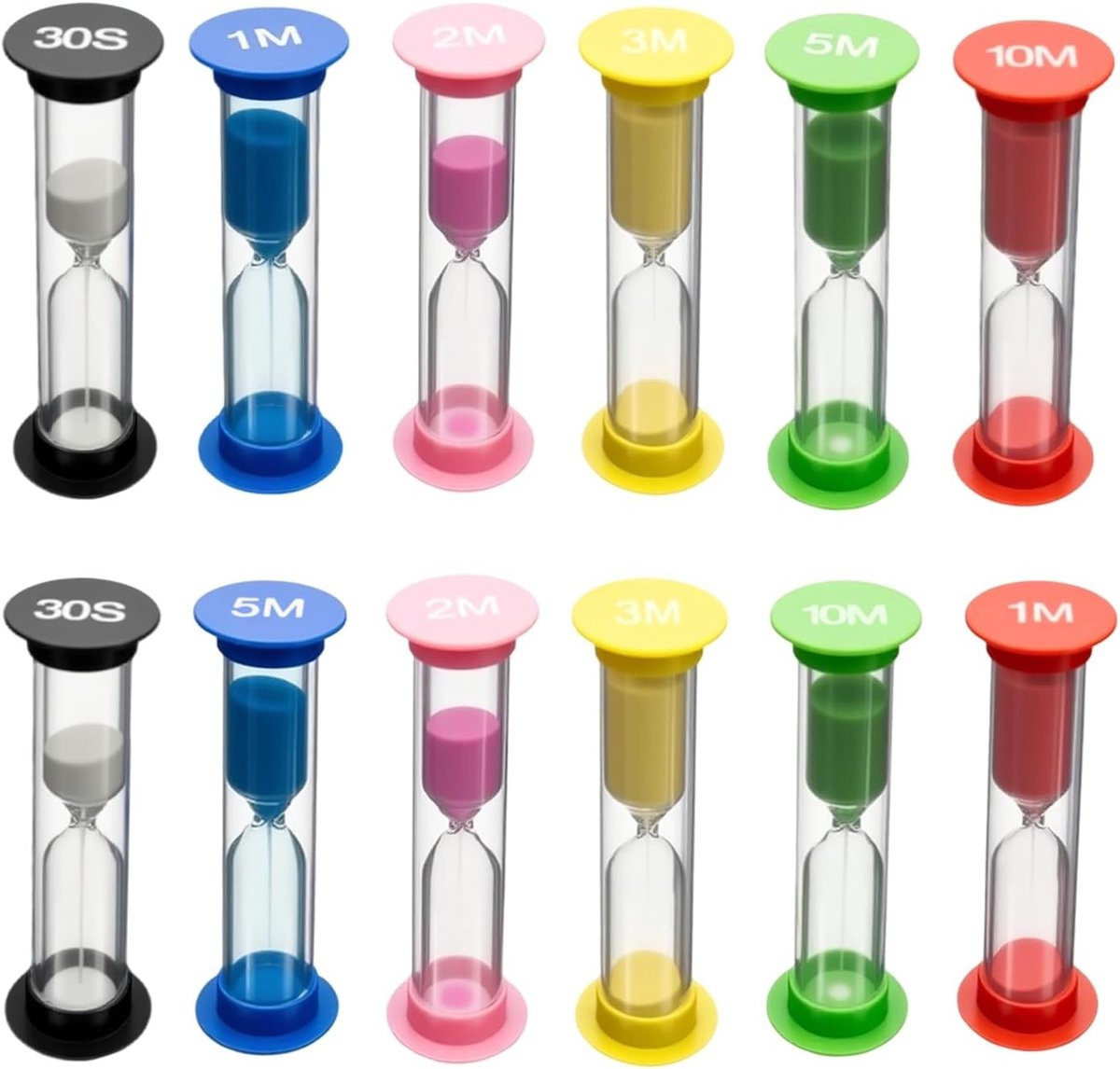 Kleurrijke zandloperset voor kinderen (30s/1/2/3/5/10min), educatieve speelgoed voor tijdsbeheer, tandenpoetsen en spelletjes, 12 stuks