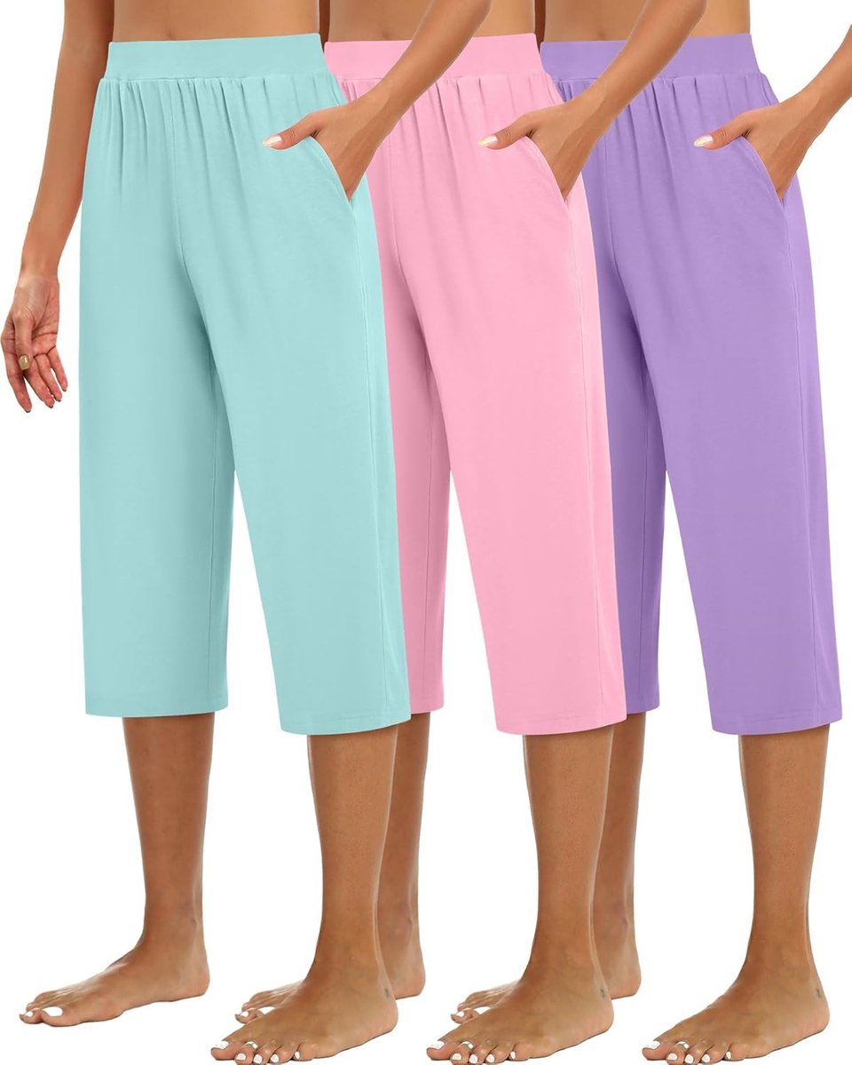 3-Delige Set Dames Capri Joggingbroeken Met Wijde Pijpen, Cropped Model, Comfortabele Loungebroek Met Zakken voor Thuis en Sport