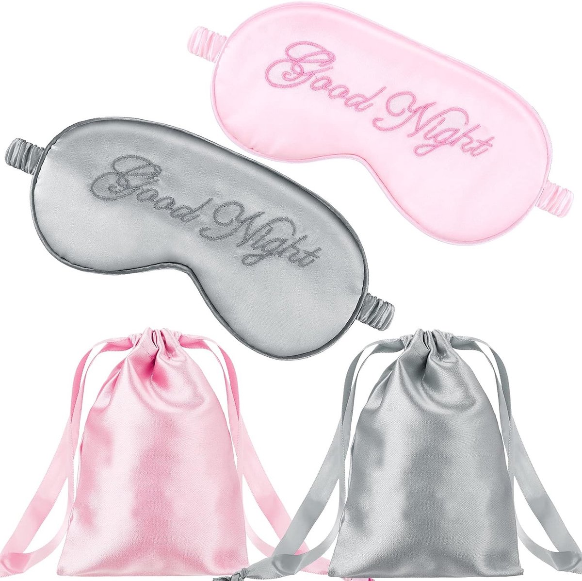 Verstelbare Zijden Slaapmaskers voor Ogen - Lichtgewicht Satin Nachtmasker met 2 Opbergvakken voor Dames in Lichtroze en Grijs